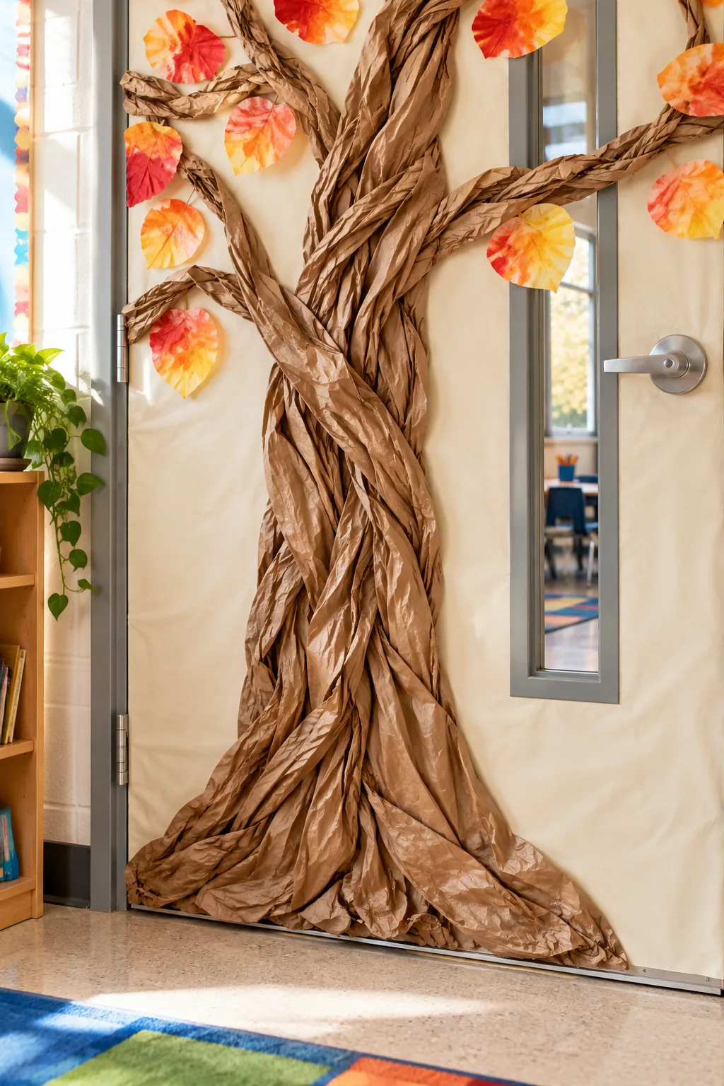 A strip of blue painter's tape on a door frame with a dot of hot glue securing a twisted brown paper branch.