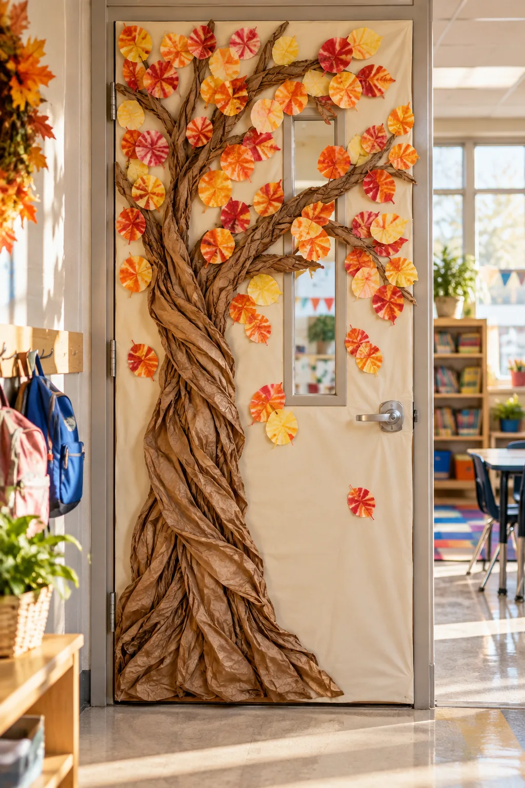 The thick, textured trunk of a tree made from twisted and crumpled brown paper grocery bags on a classroom door.
