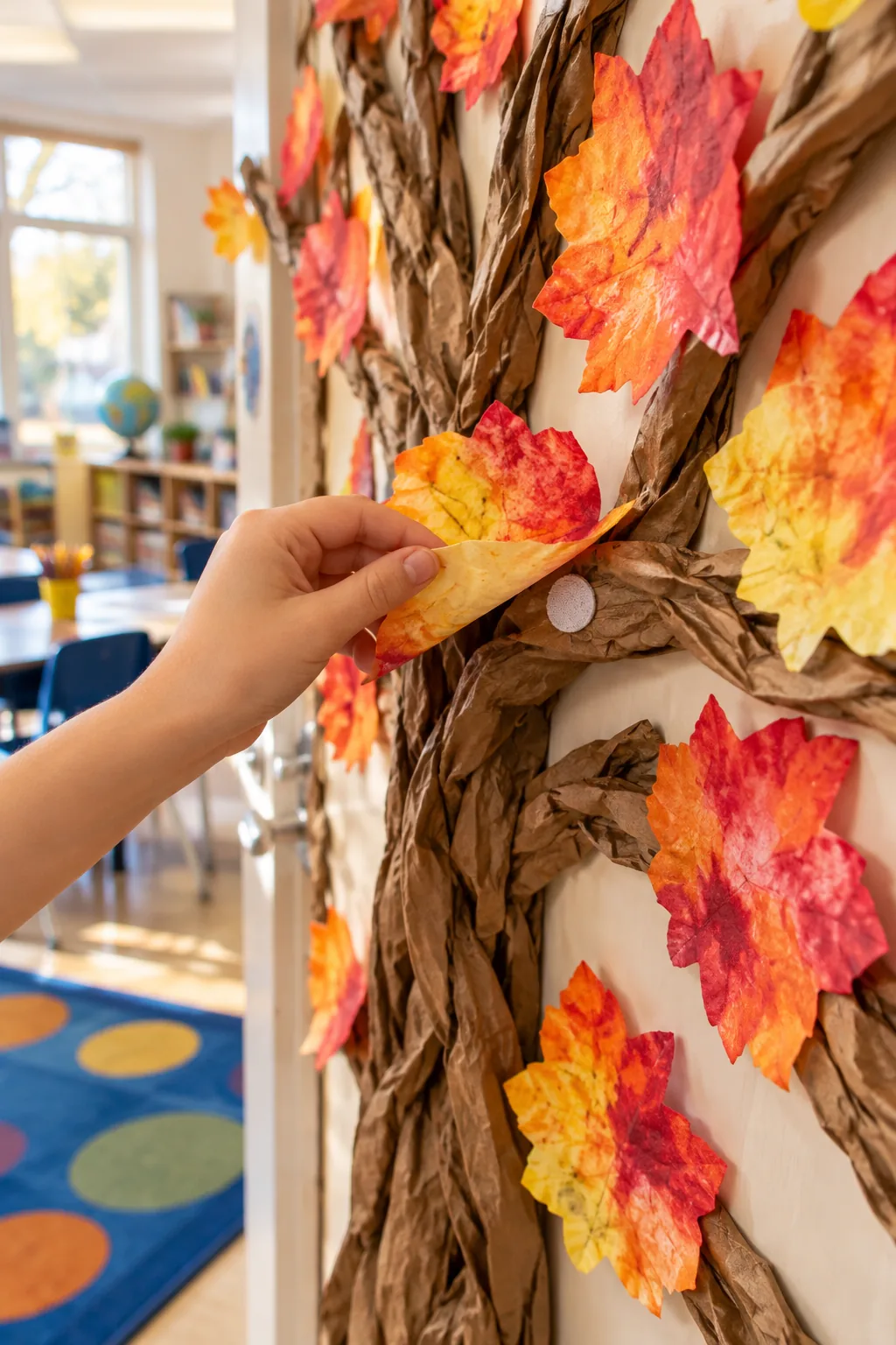 Colorful tie-dye coffee filter leaves with students' names written on them, attached to brown paper branches.