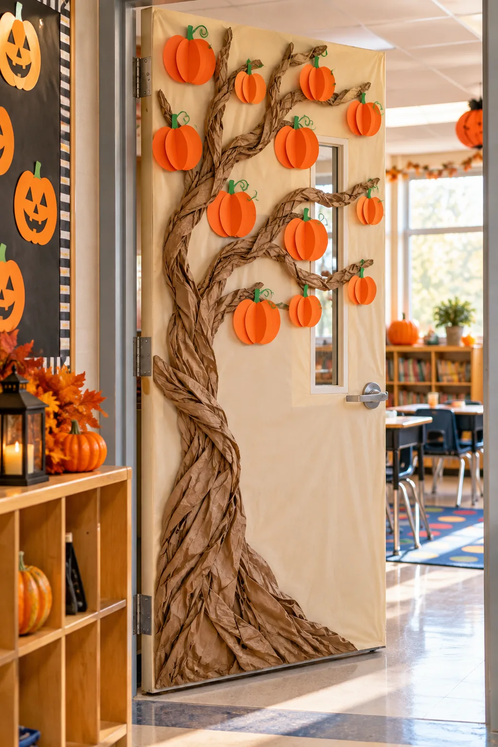 A classroom door tree decorated with bright orange paper pumpkins attached to the branches.