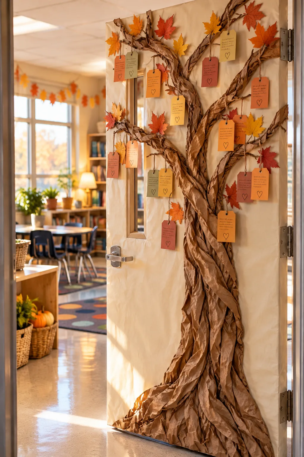 Warm-toned gratitude cards with handwritten notes hanging from the branches of a paper tree on a classroom door.