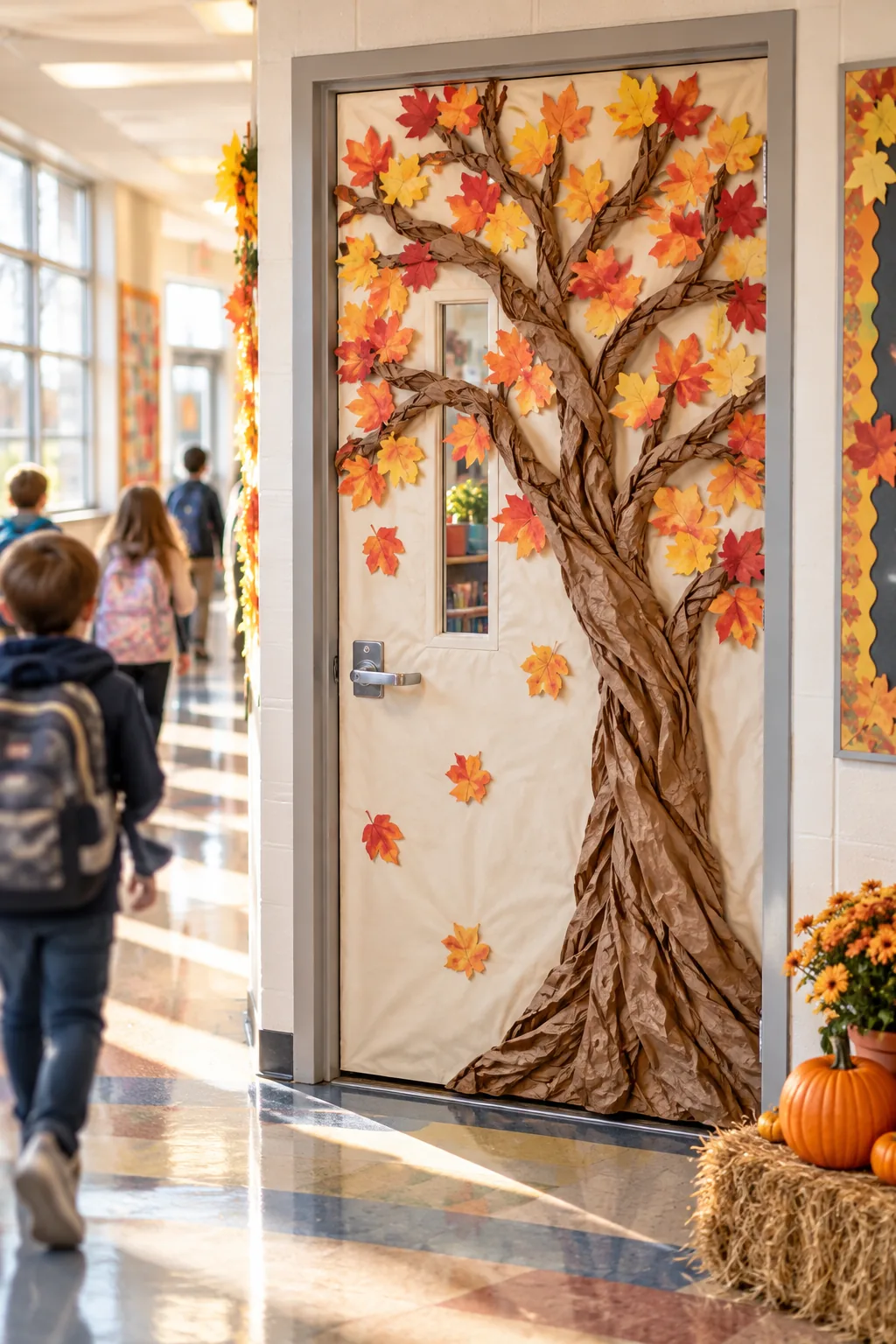 A wide view of a fully decorated fall classroom door featuring a large paper tree, seen in a bright school hallway.