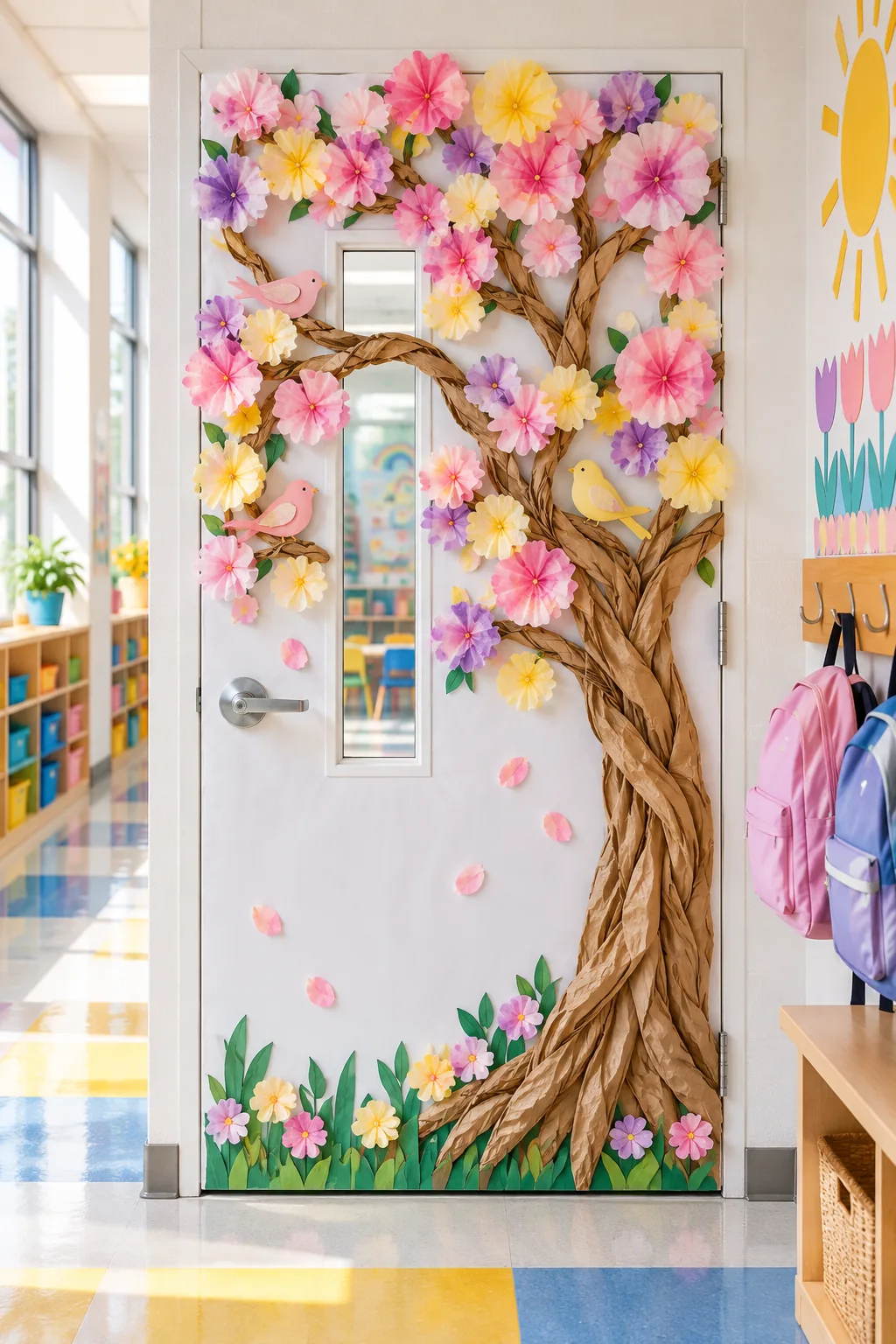 A classroom door with a white background and a paper tree covered in pastel pink, purple, and yellow flowers.