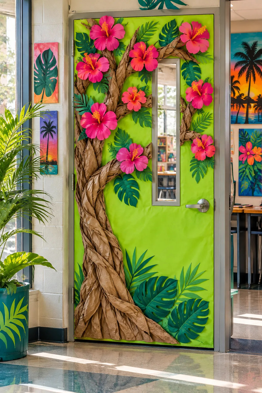 A classroom door with a neon green background and a paper tree featuring bright magenta tropical flowers.