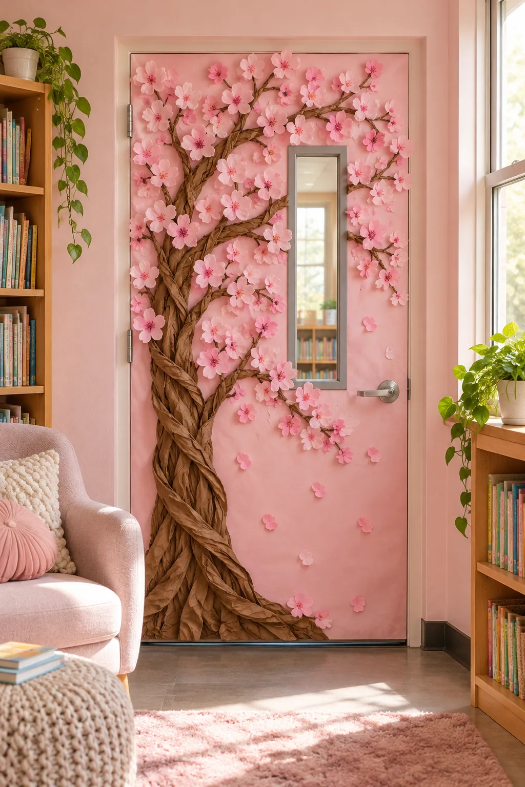 A classroom door with a pale pink background and a dark brown paper tree covered exclusively in soft pink cherry blossoms.