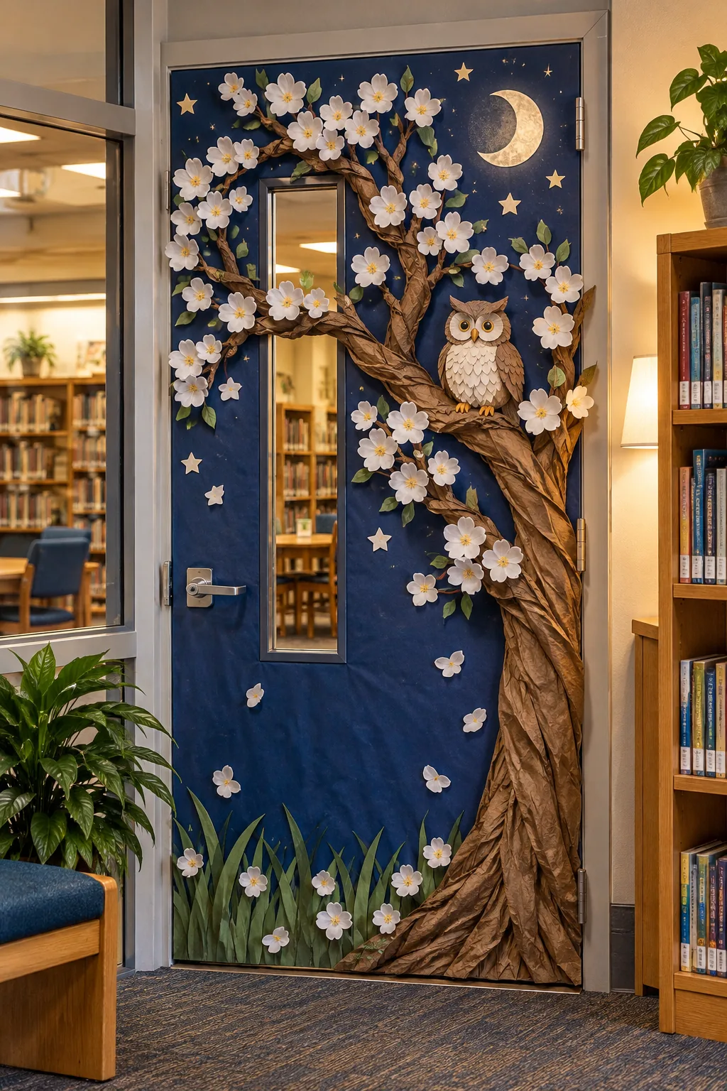 A classroom door with a dark navy blue background, a paper tree with white flowers, and a paper owl sitting on a branch.