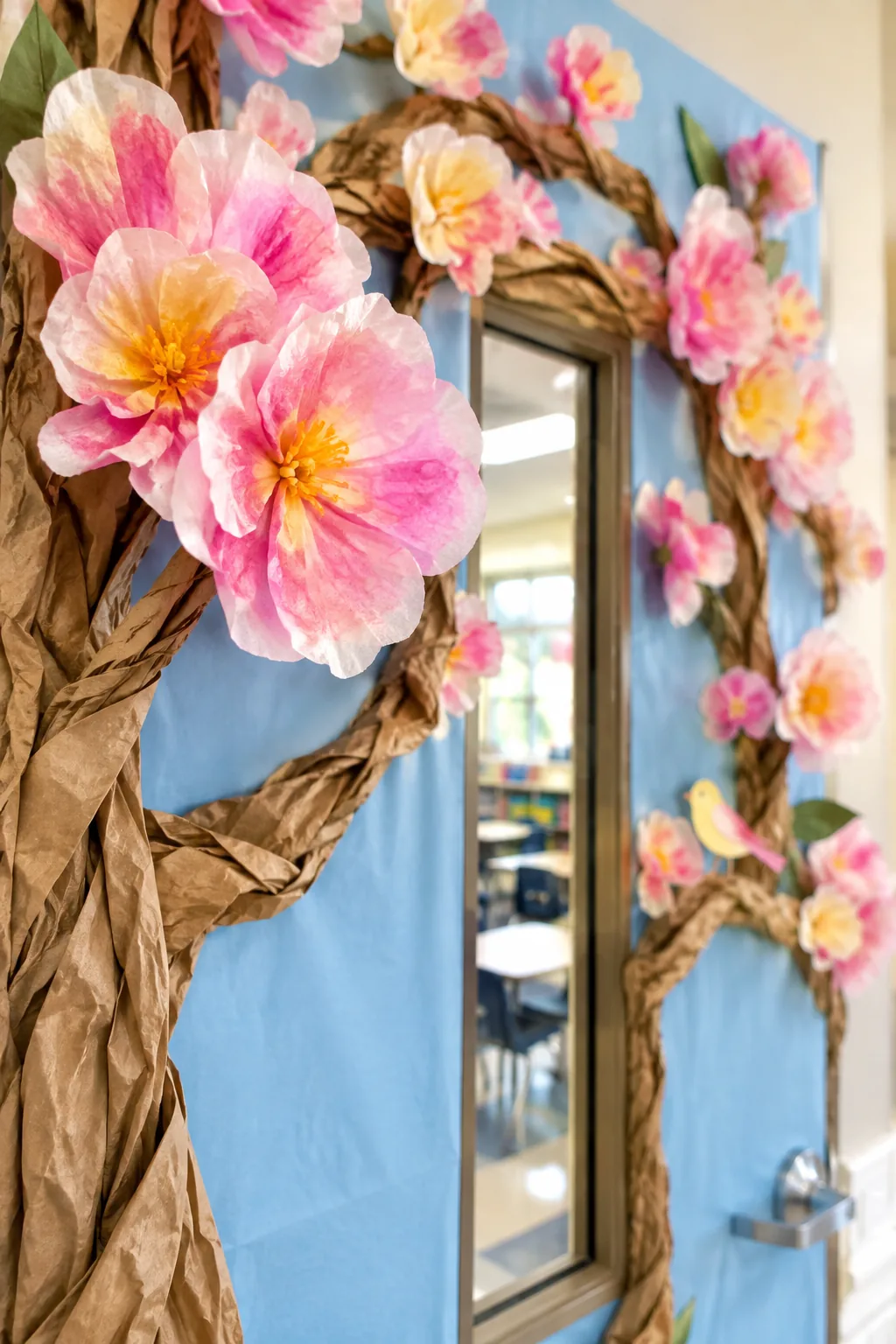 Twisted brown paper branches arching around a clear narrow vertical window on a classroom door.