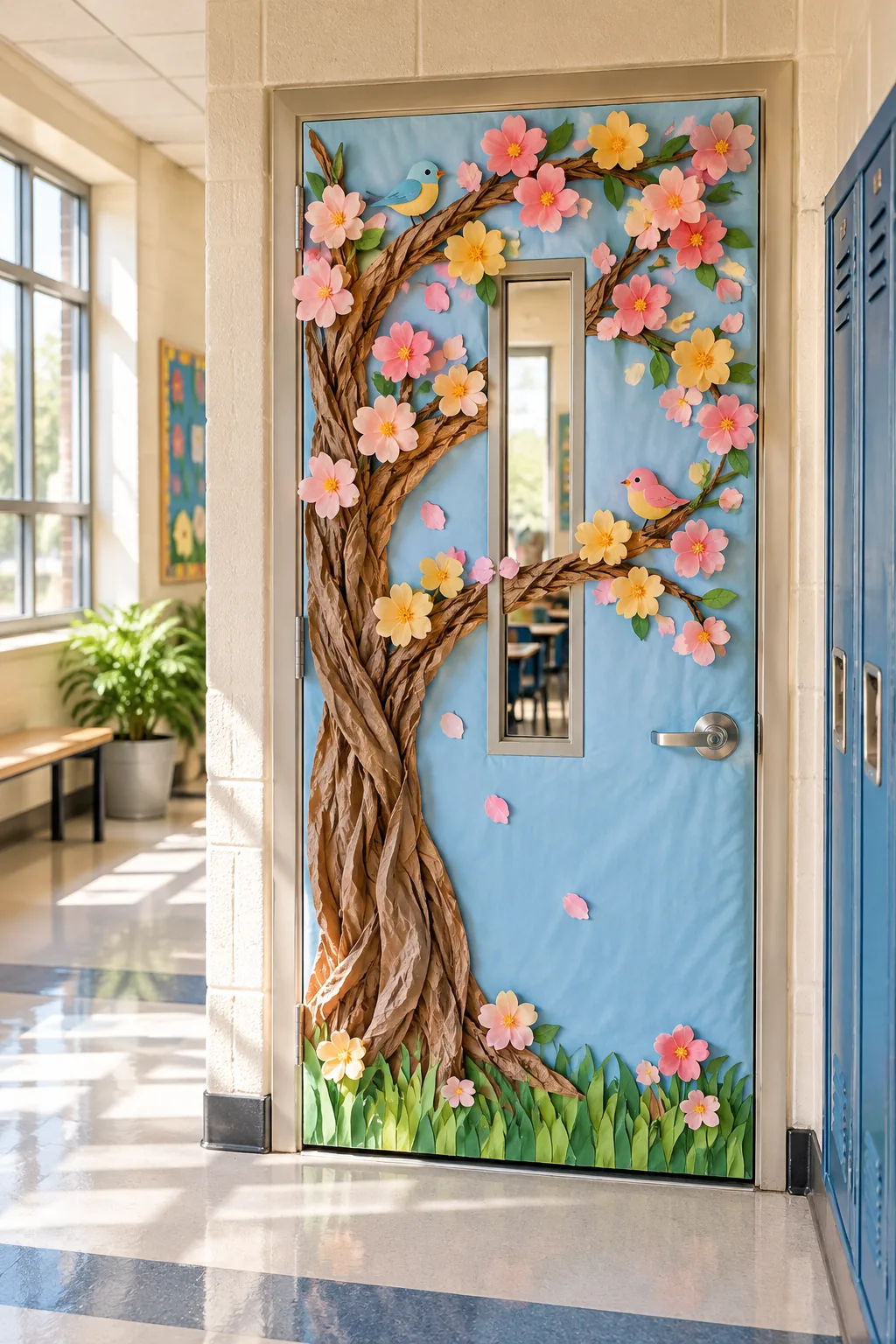 A paper bird on a brown paper branch, held to a blue steel door by a small round magnet.