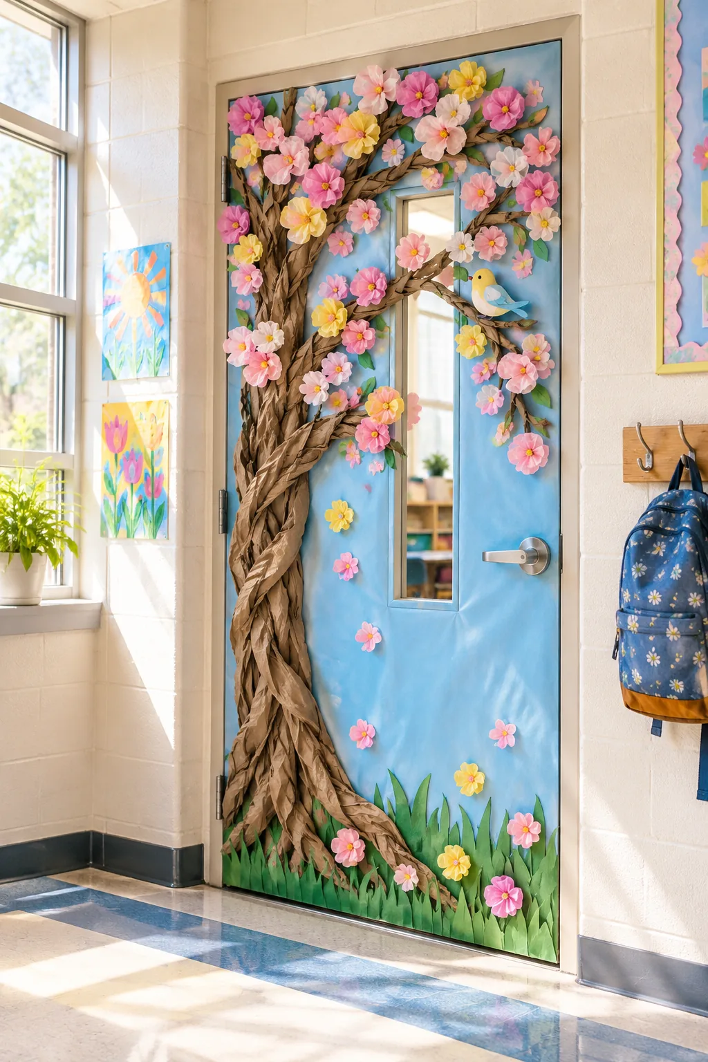A fully decorated classroom door featuring a 3D paper tree with pink and yellow flowers on a blue background.