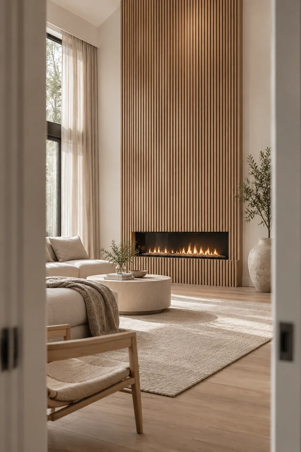 Living room with a tall electric fireplace wall covered in vertical wood slats.