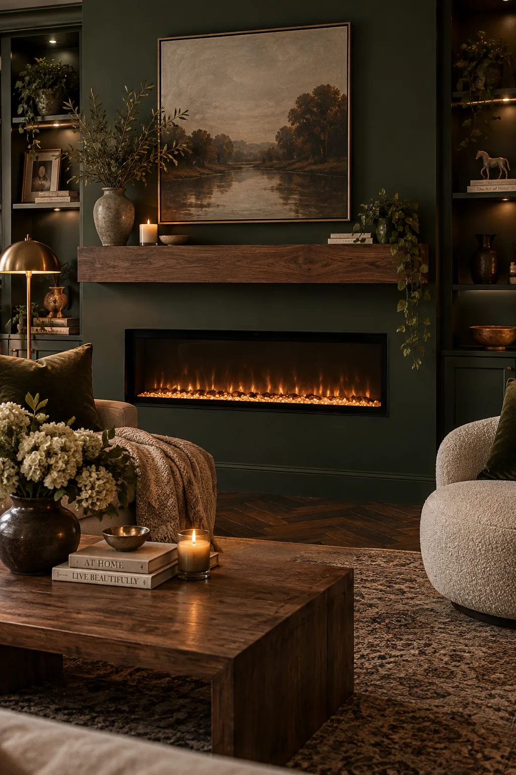 Electric fireplace wall painted in dark charcoal with a natural wood mantel.