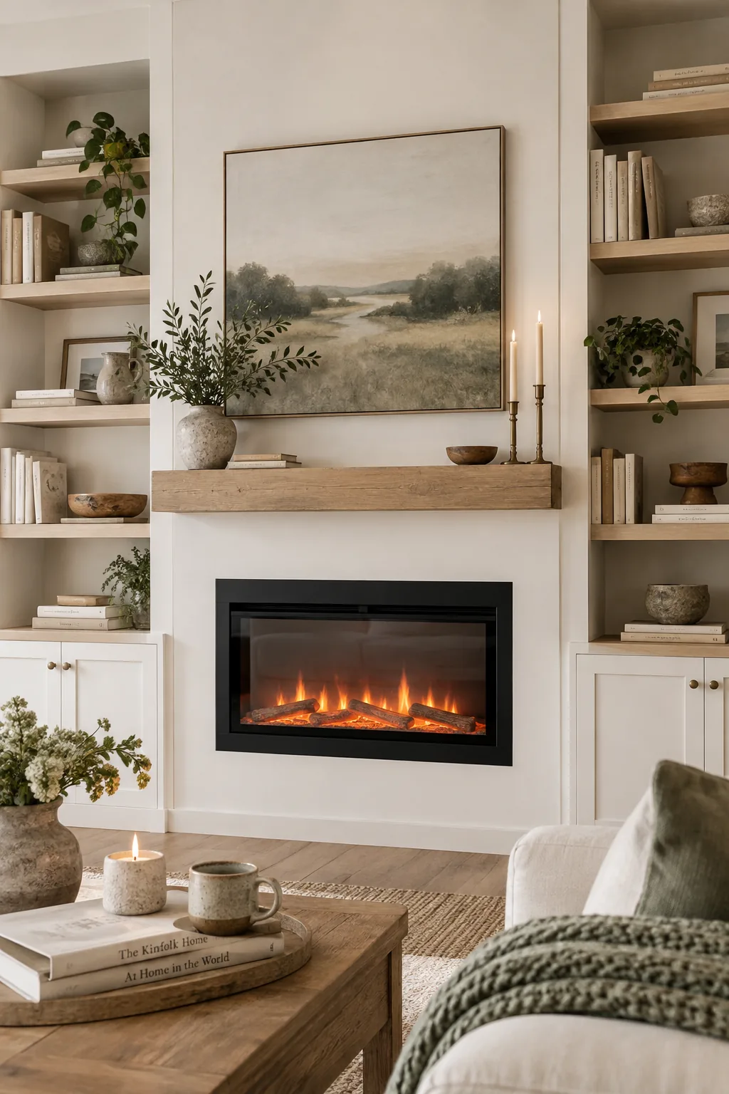 White electric fireplace wall flanked by symmetrical built-in bookcases.