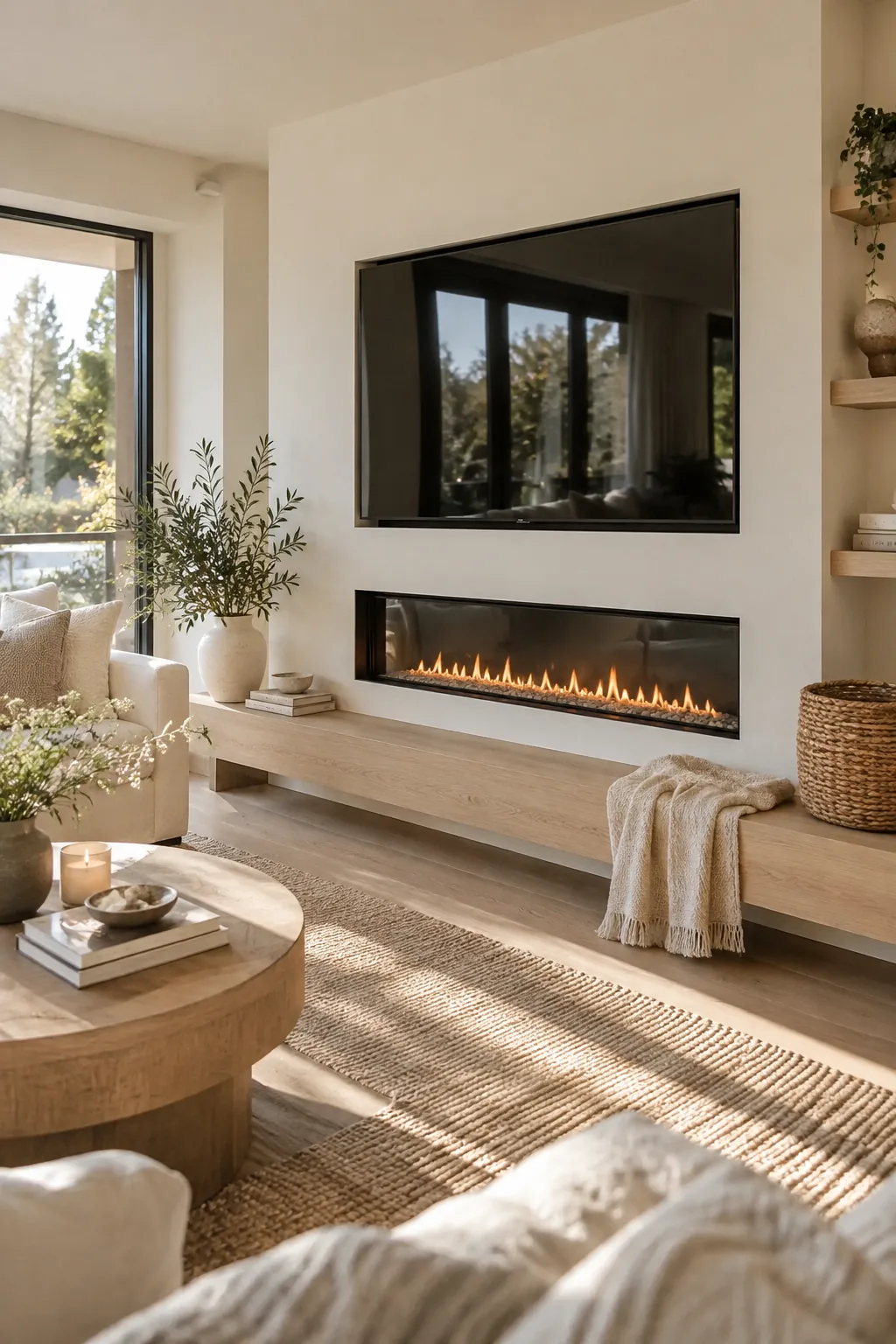 Modern living room with a TV and electric fireplace mounted perfectly flush in a white wall.