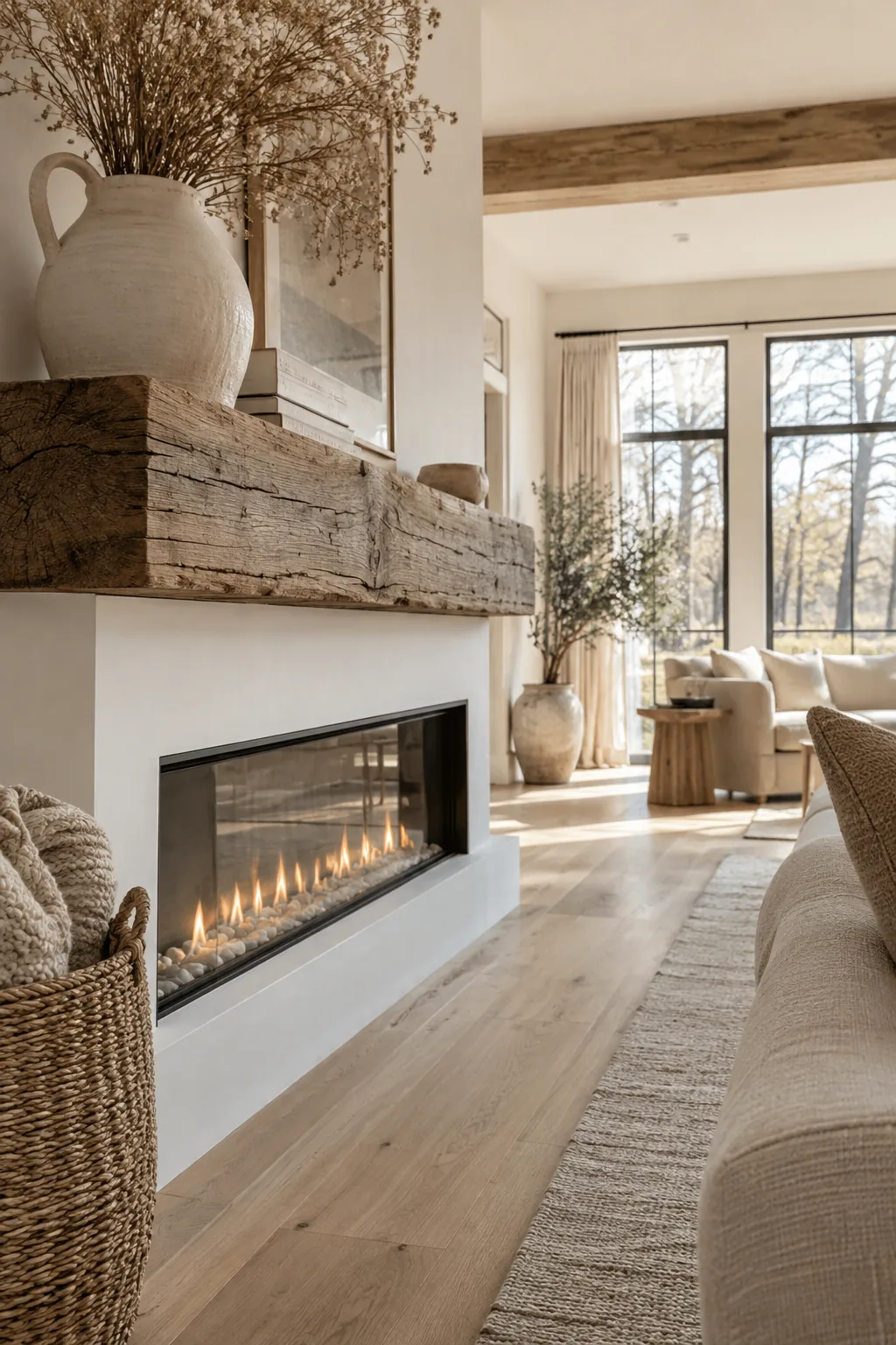 Crisp white fireplace wall featuring a thick reclaimed wood mantel.