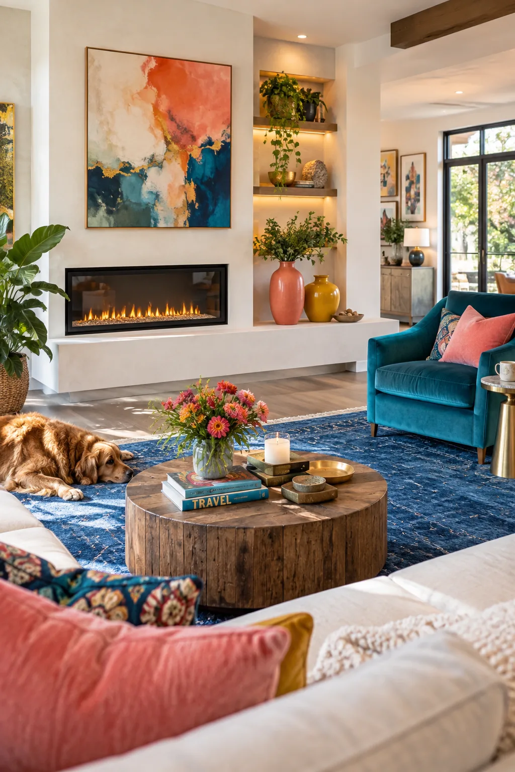 Modern living room with an off-center electric fireplace and a long floating hearth.