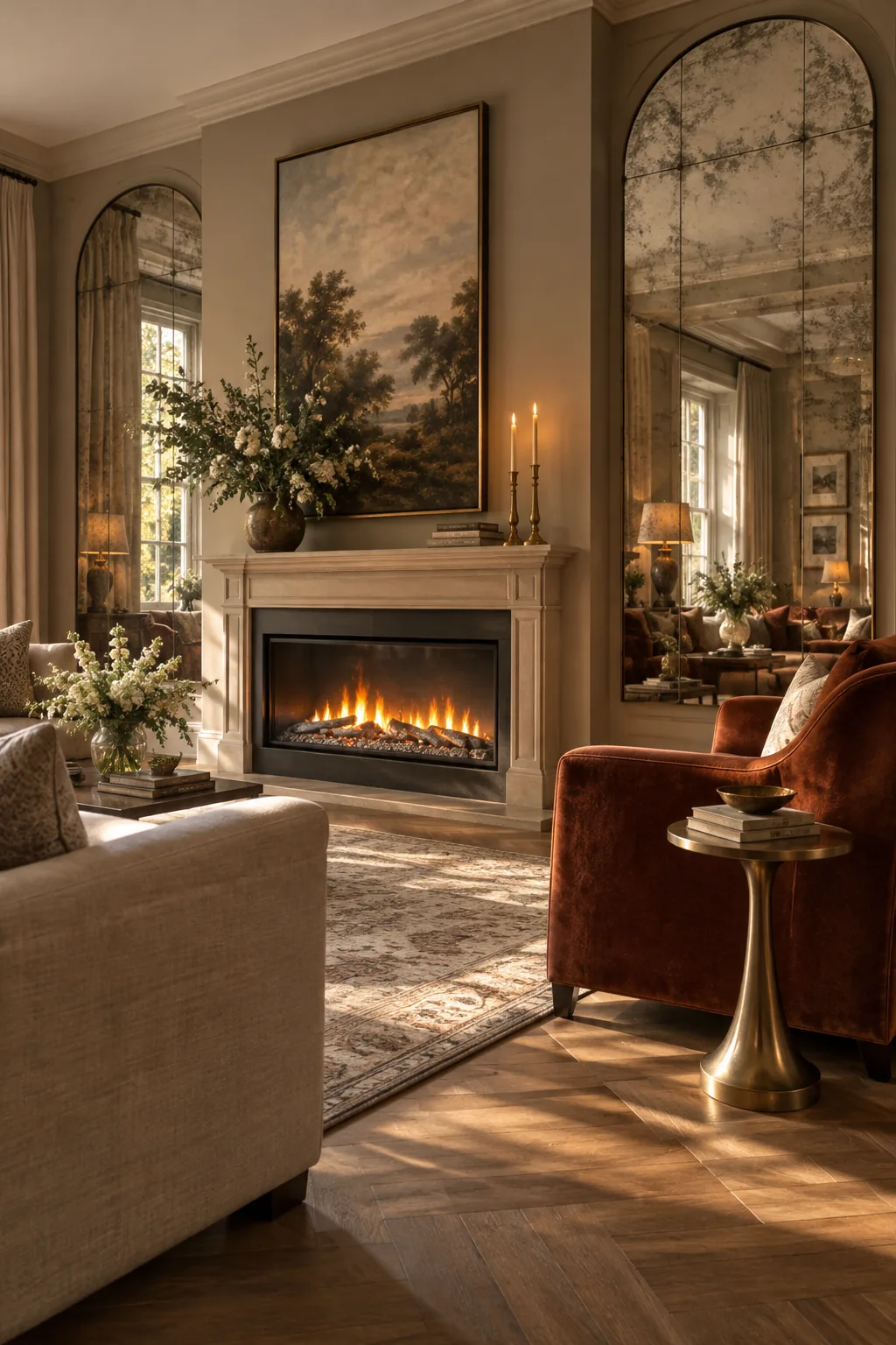 Electric fireplace wall flanked by antique mirrored panels in the alcoves.
