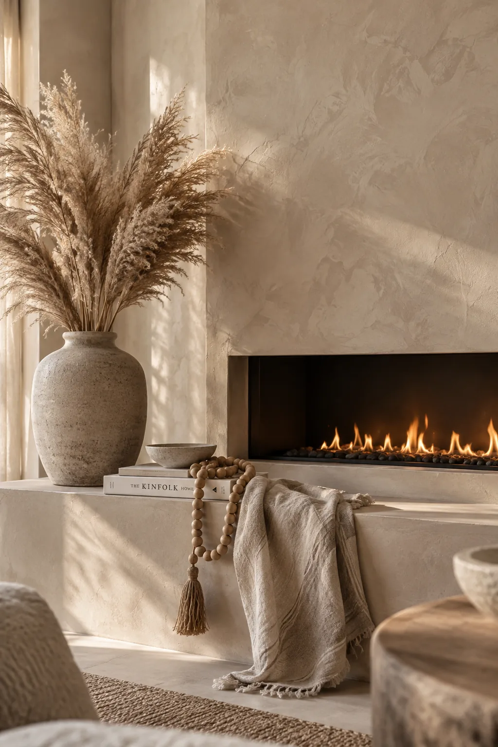 Electric fireplace surrounded by warm, textured Roman clay plaster.