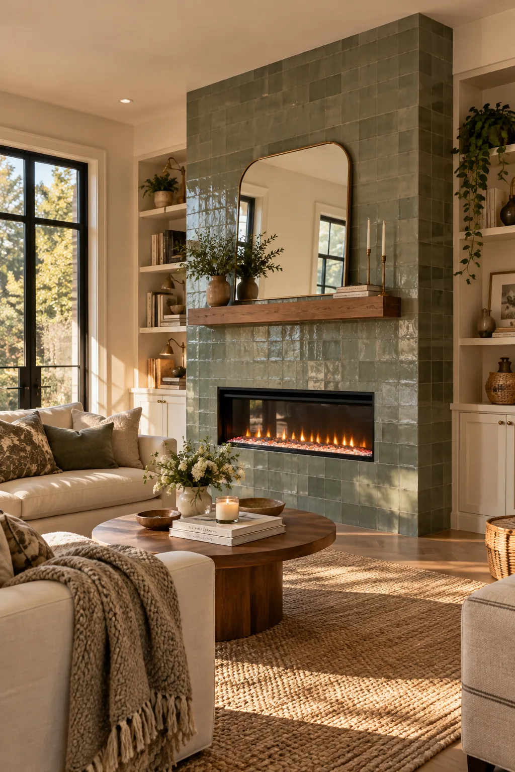 Close up of an electric fireplace bump-out wrapped seamlessly in tile.