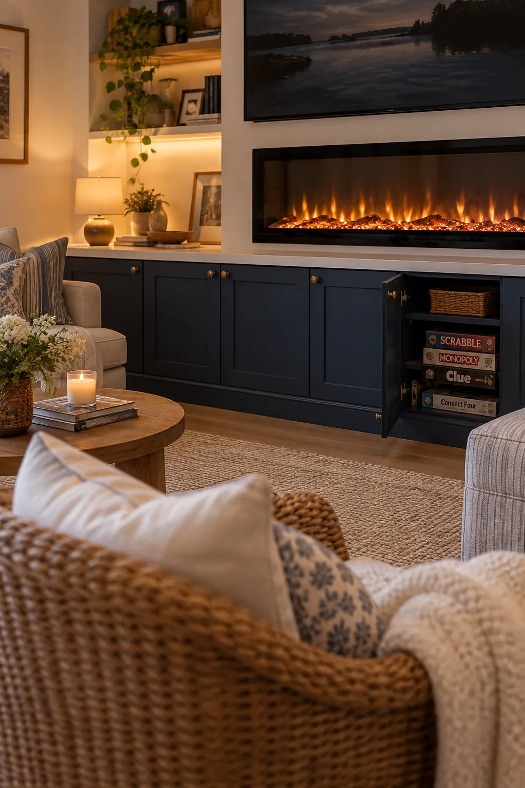 Electric fireplace wall with sleek flat-panel base cabinets underneath.