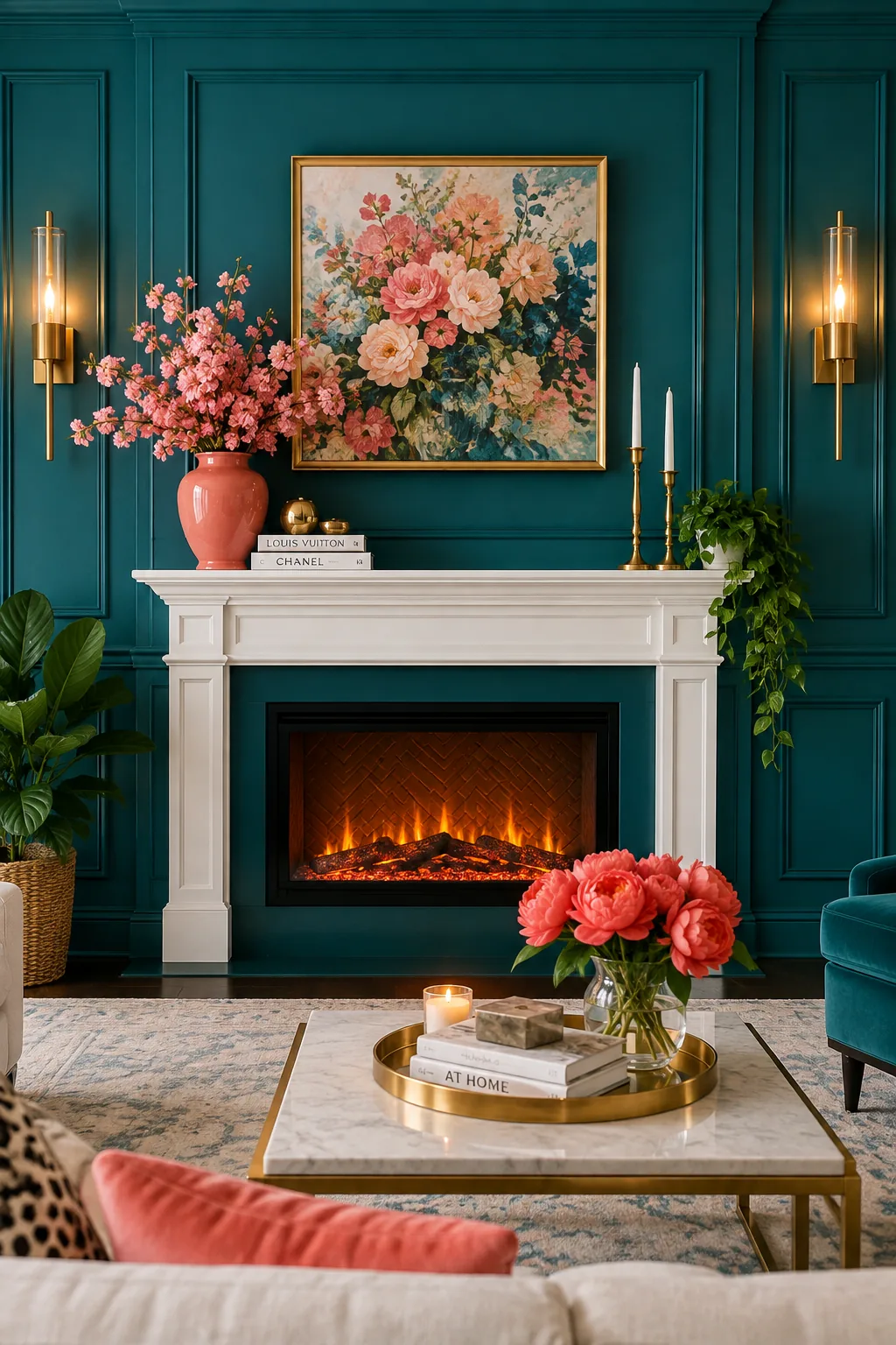 Electric fireplace bump-out detailed with classic picture molding painted all one color.