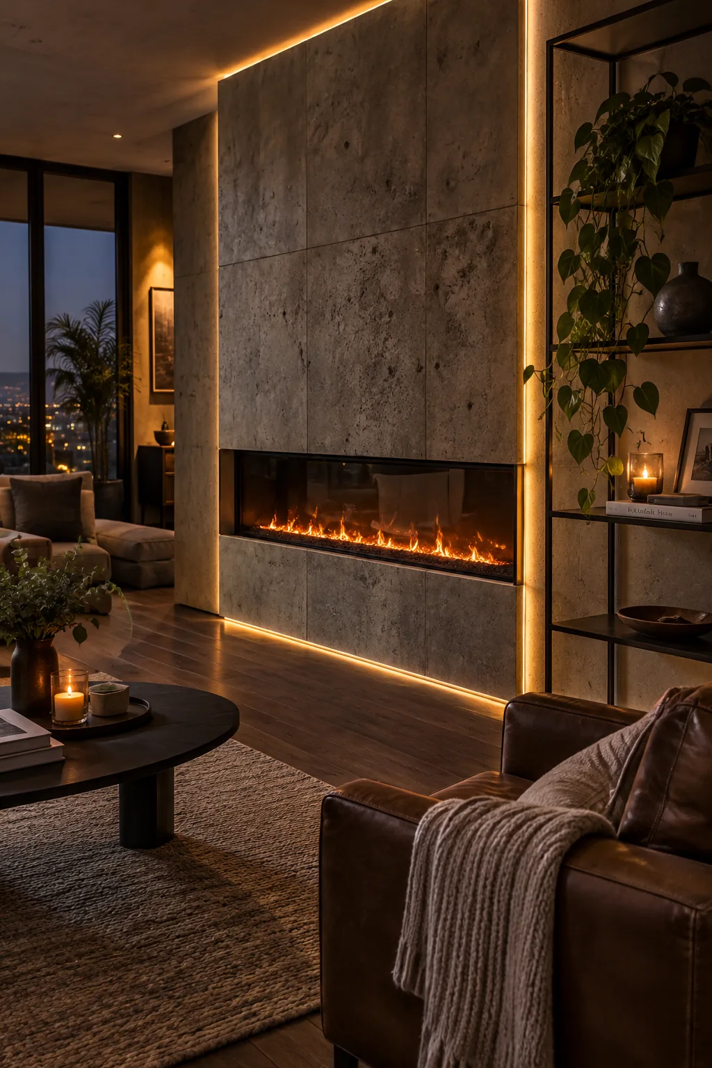 Industrial electric fireplace wall made of large concrete panels with backlighting.