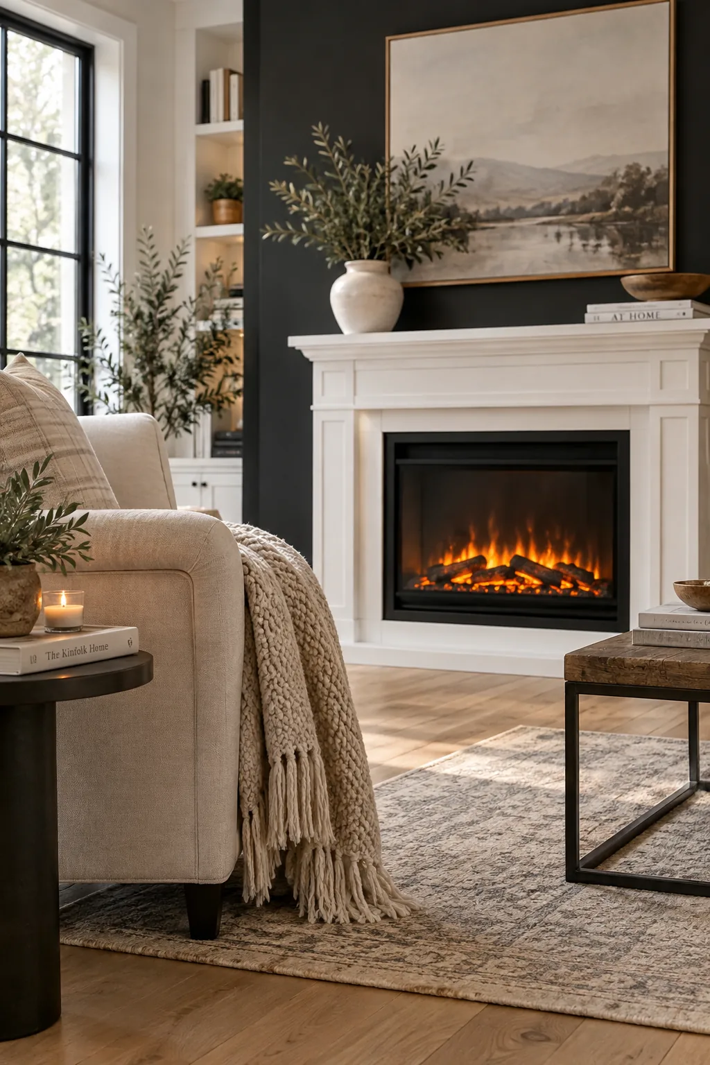 White electric fireplace mantel against a dark charcoal living room wall
