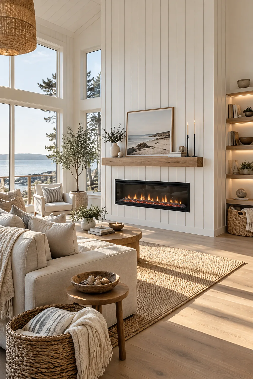 Vertical white shiplap fireplace surround reaching up to a high ceiling