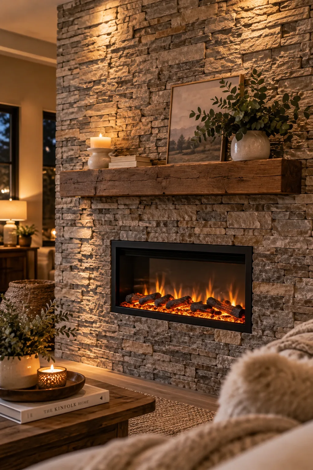 Floor to ceiling stacked stone veneer surrounding an electric fireplace insert
