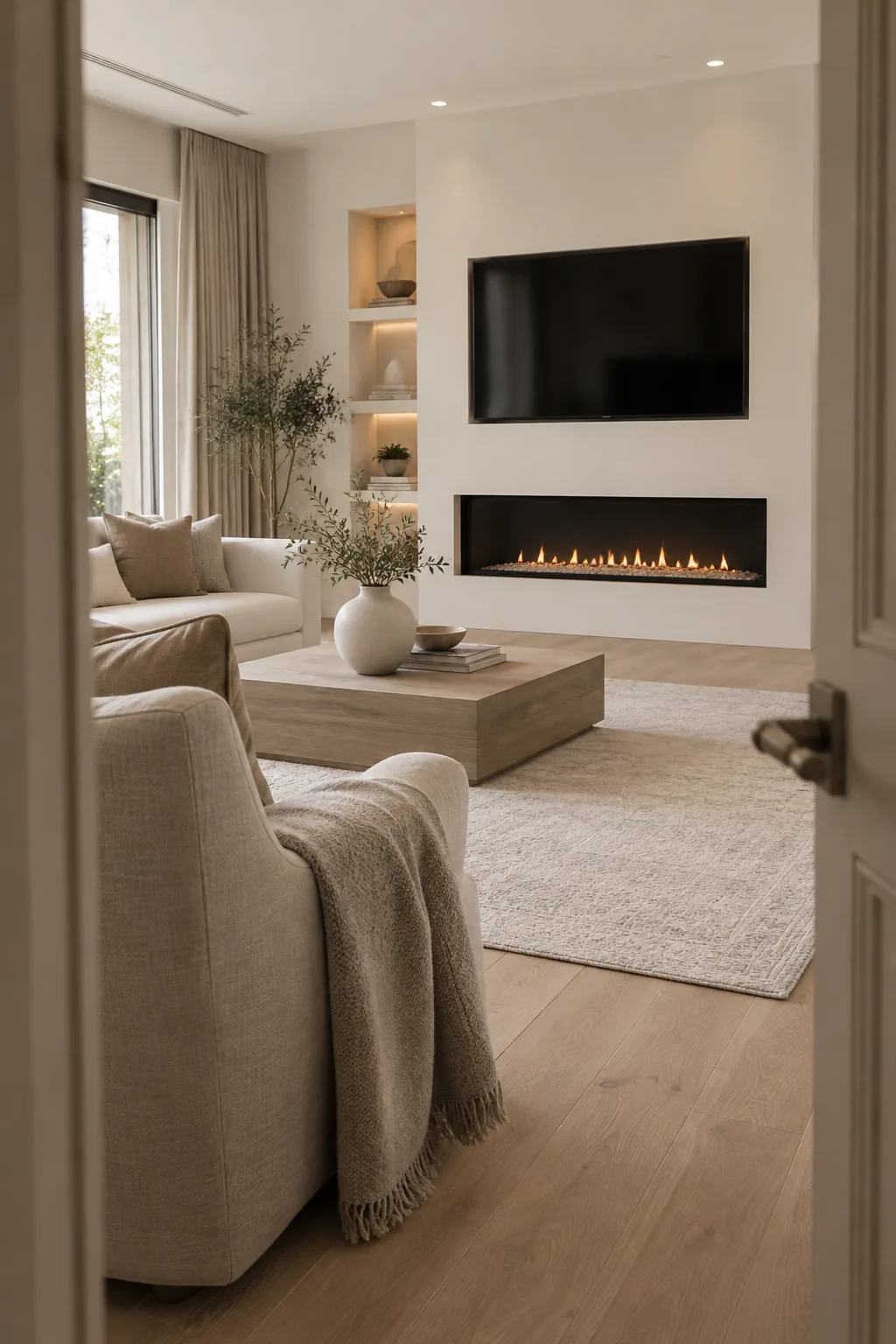 Wide linear electric fireplace built flush into a smooth white drywall