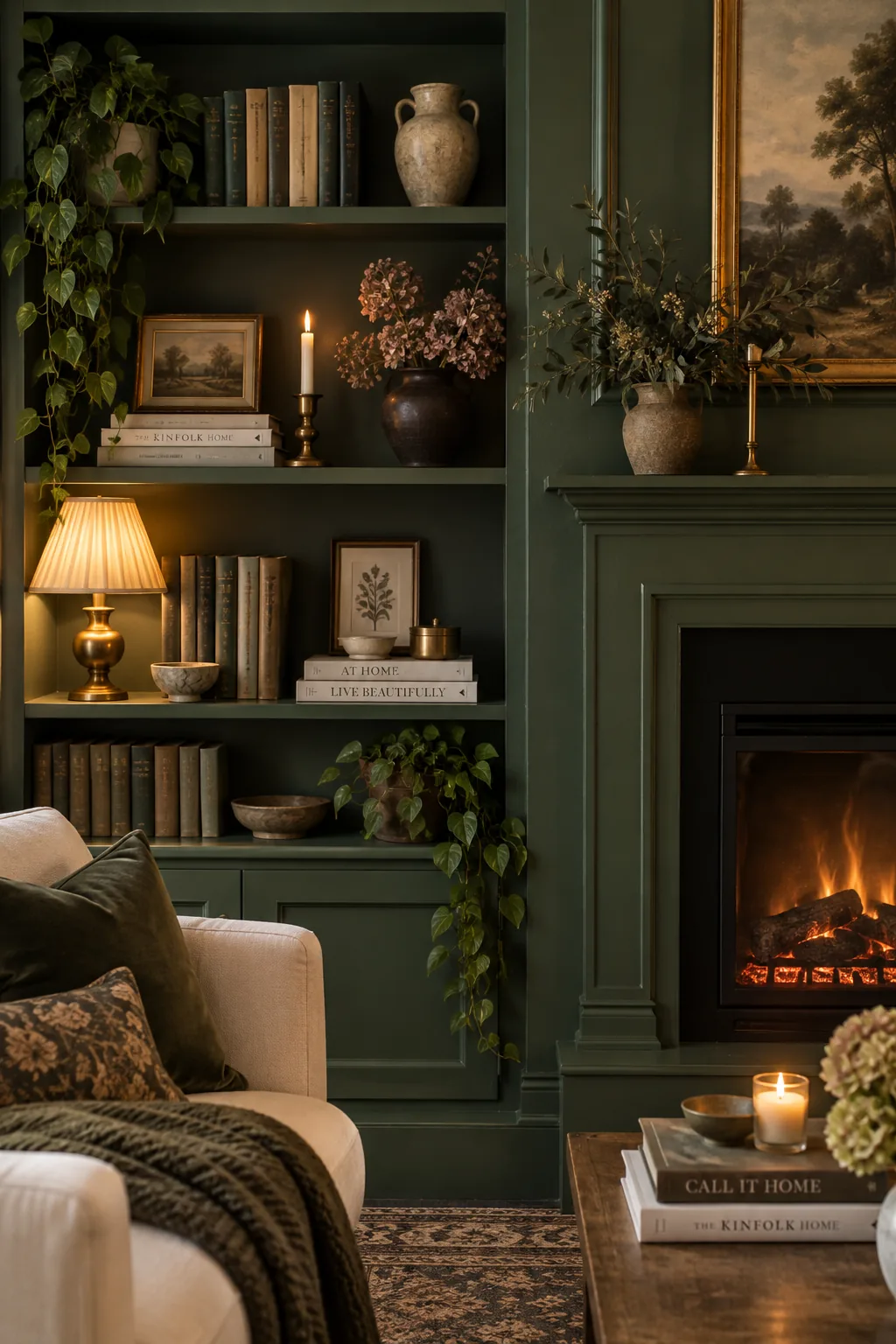 Electric fireplace flanked by dark green built-in bookshelves