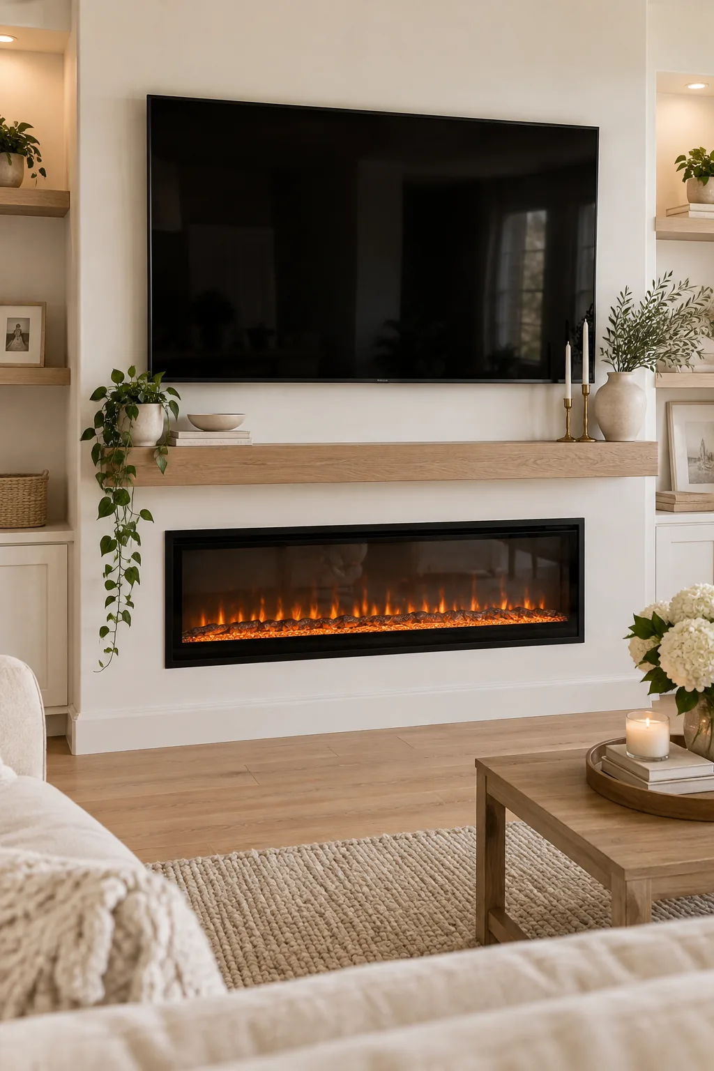 50-inch electric fireplace mounted below a 55-inch television on a white wall