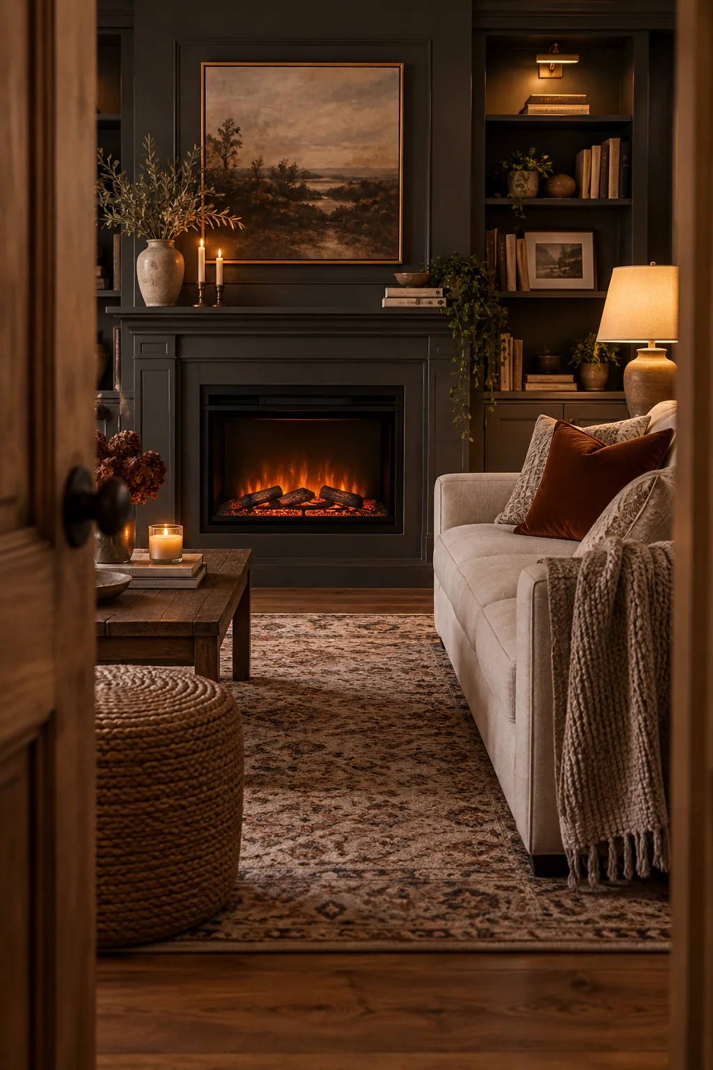 Charcoal gray painted fireplace surround highlighting bright orange electric flames