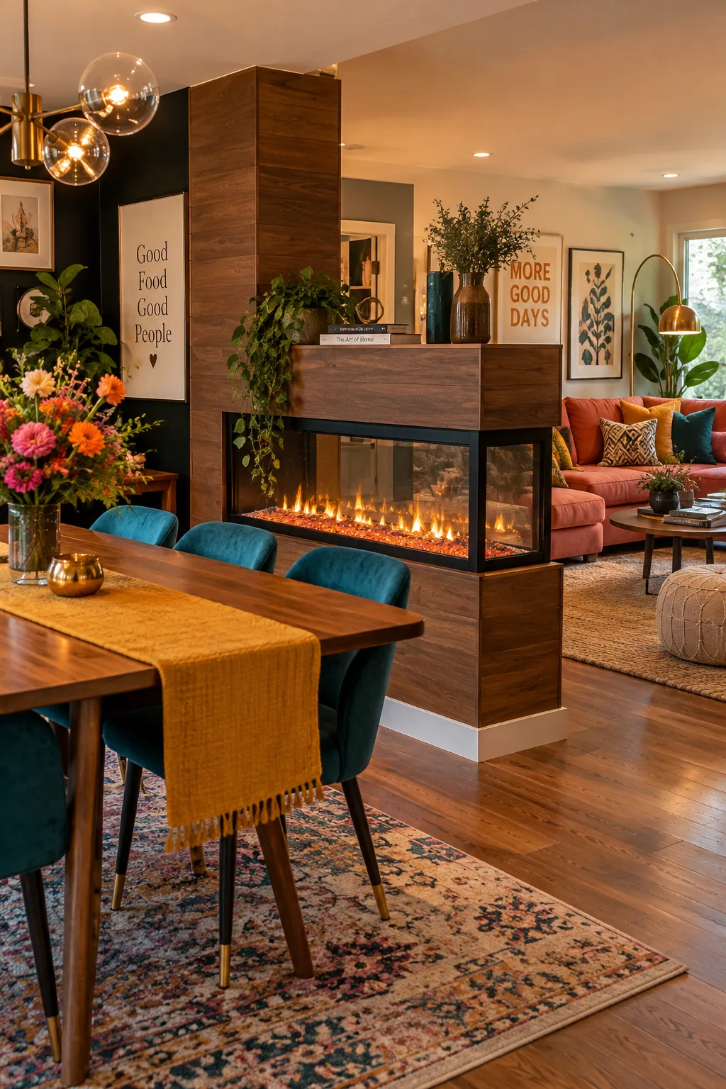 Three-sided electric fireplace built into a wood-paneled room divider