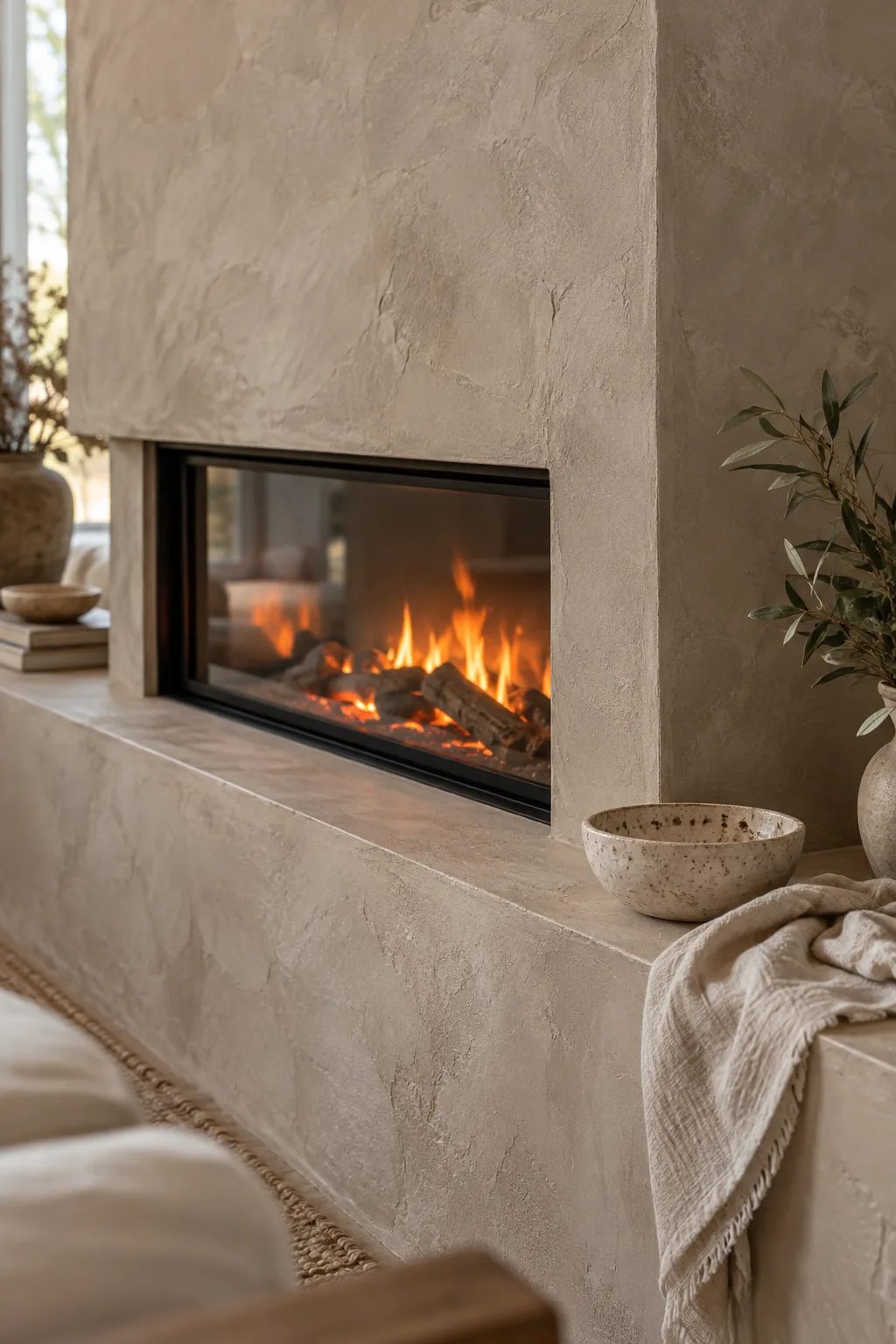 Textured Roman clay fireplace bump-out with a modern electric insert