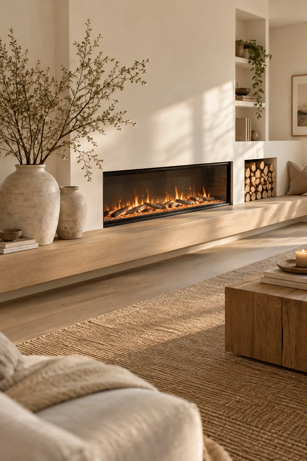 Long low concrete hearth with an off-center electric fireplace