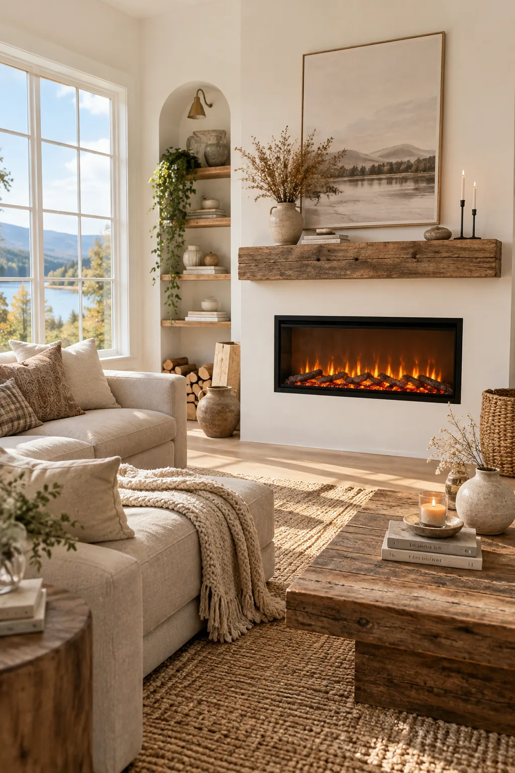 Chunky reclaimed wood mantel above a modern electric fireplace insert