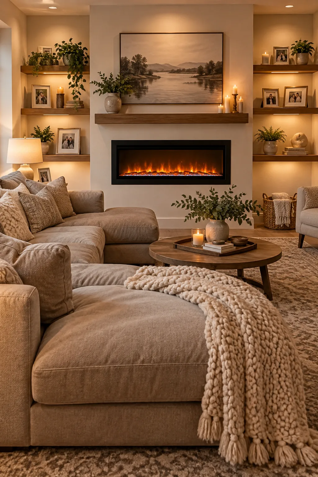 Cozy finished basement with an electric fireplace and floating wood shelves
