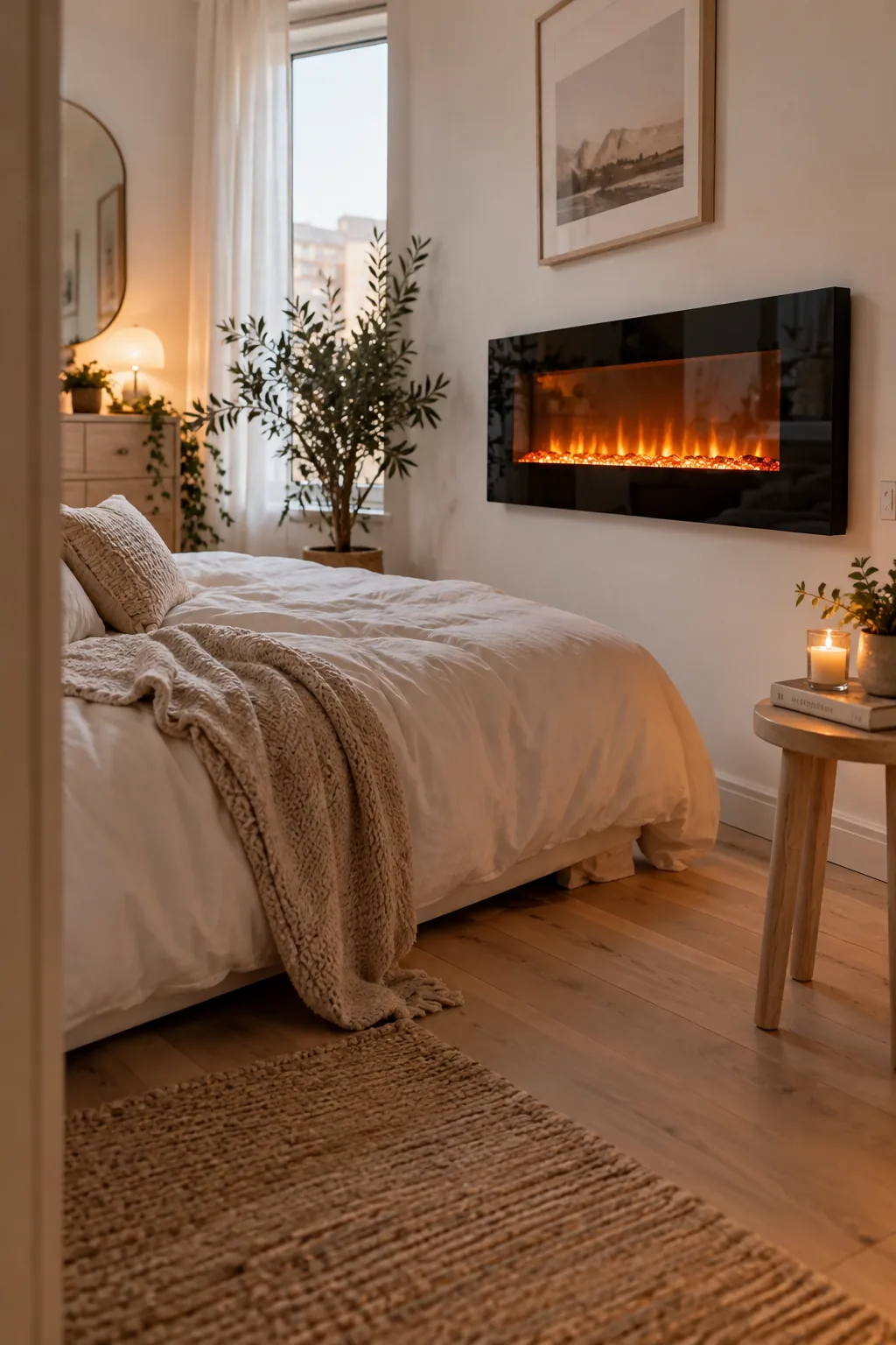 Slim wall-mounted electric fireplace hanging in a small apartment living room