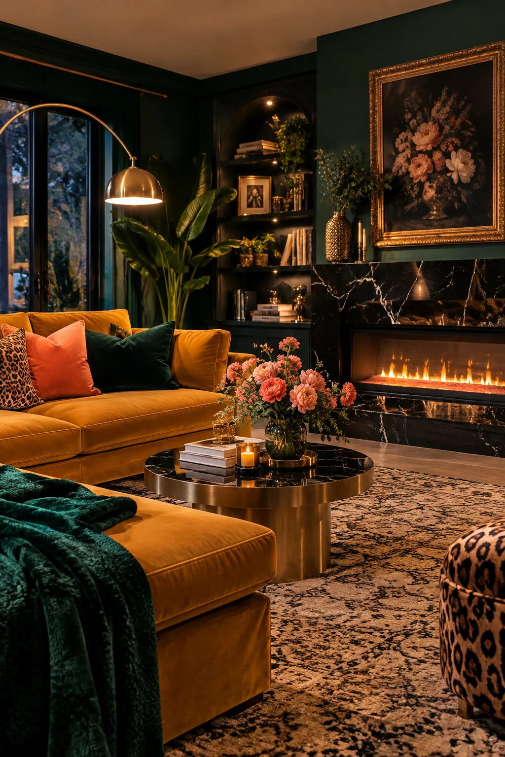 Electric fireplace with a glossy black marble tile surround at the base