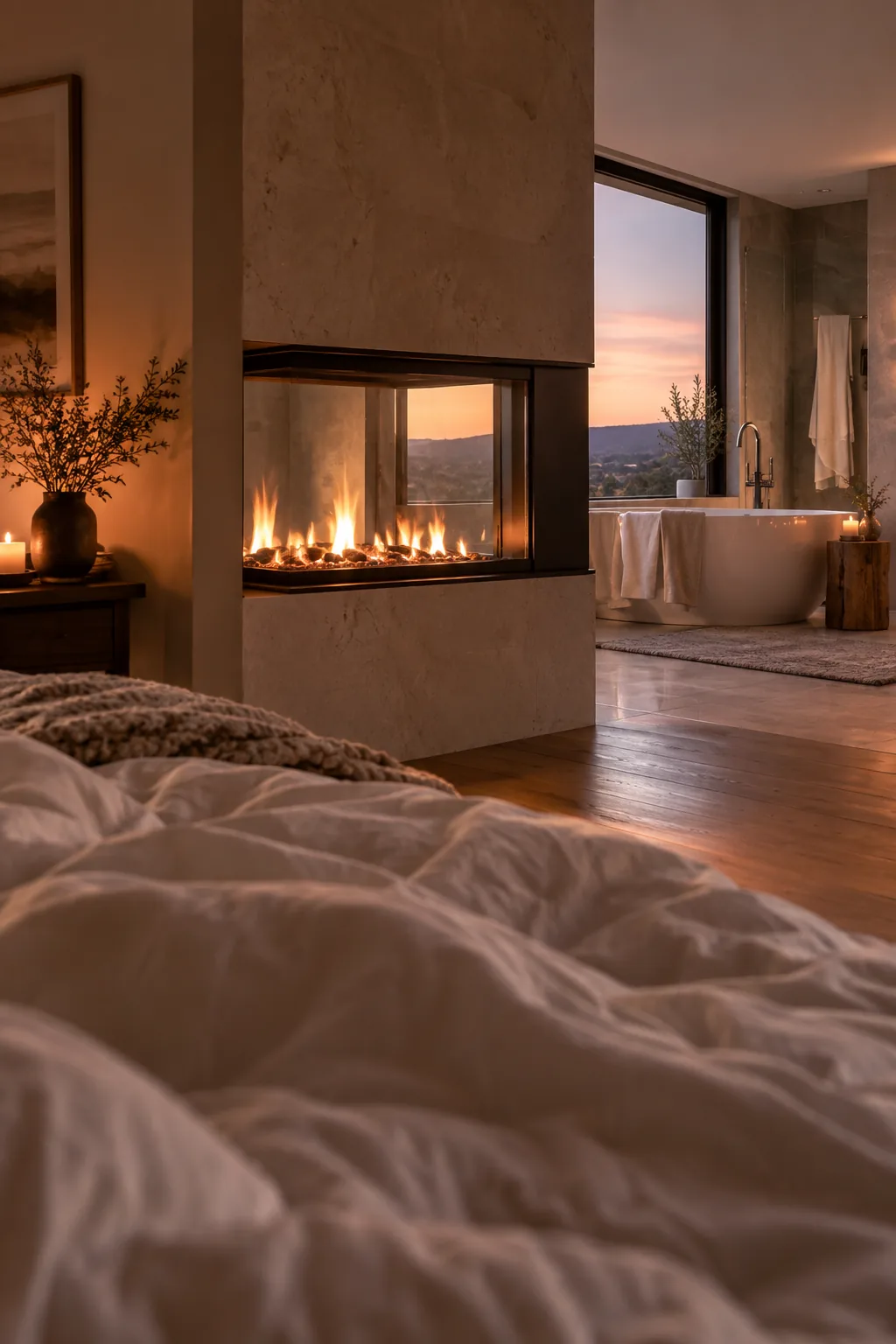 Double-sided electric fireplace shared between a primary bedroom and a bathroom