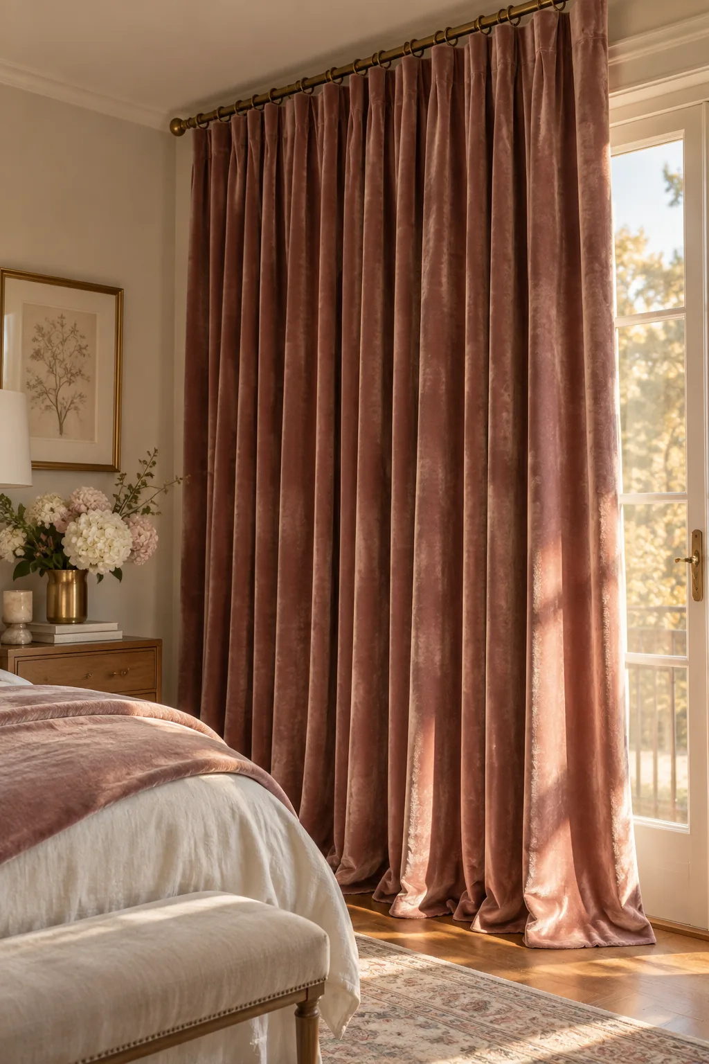 Tall white custom drape panels hanging just below the ceiling in a master bedroom