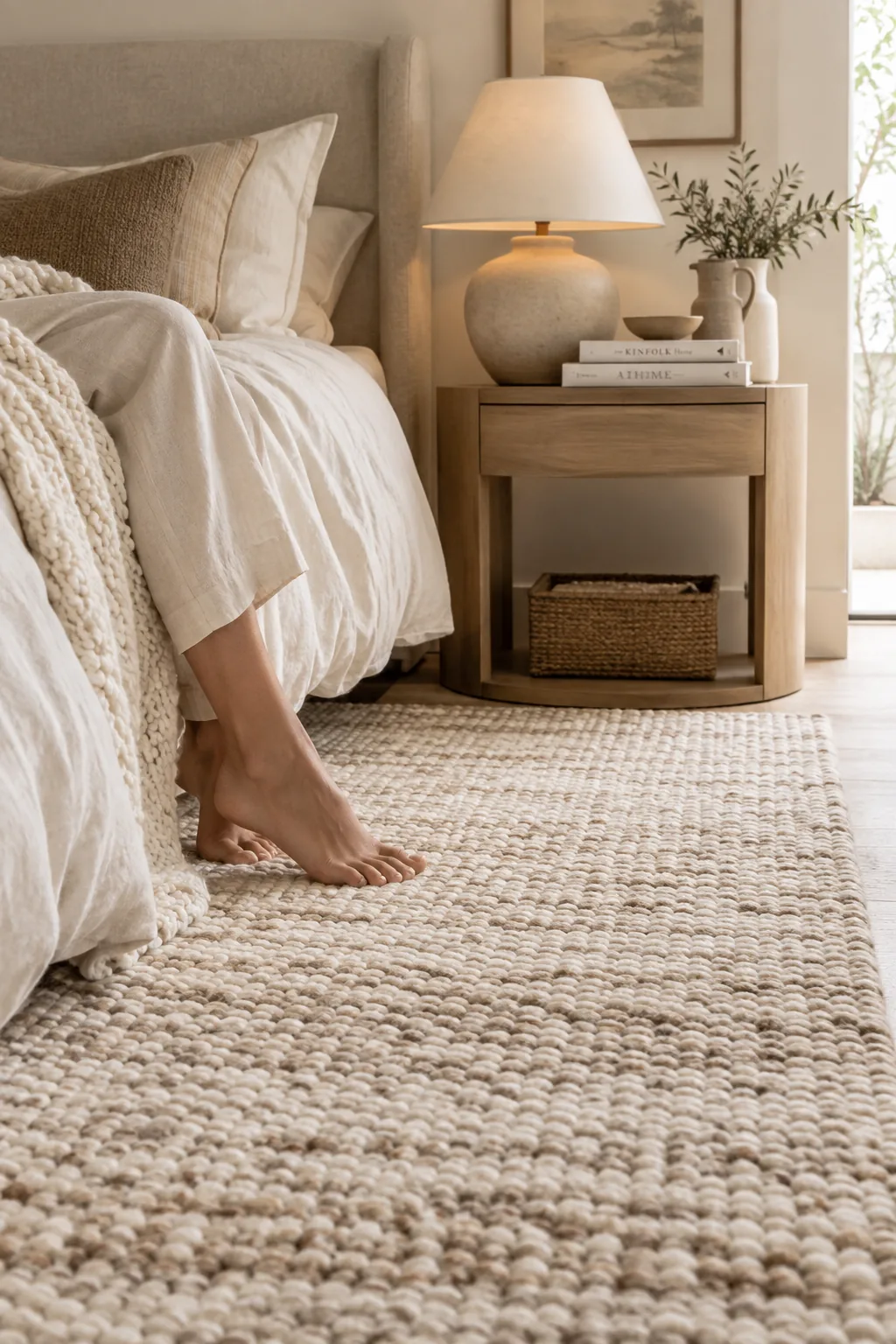 A large vintage-style area rug extending well past the sides of a king-sized bed