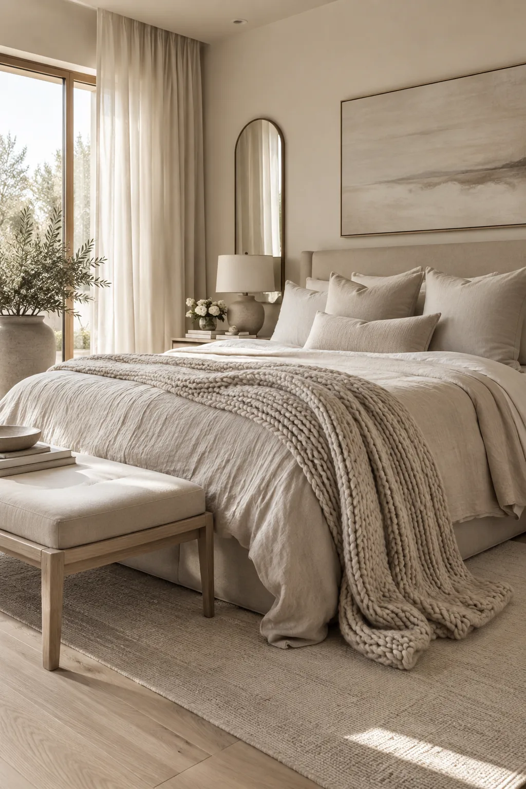 A bed styled with white linen sheets, a cream chunky knit throw, and beige velvet pillows