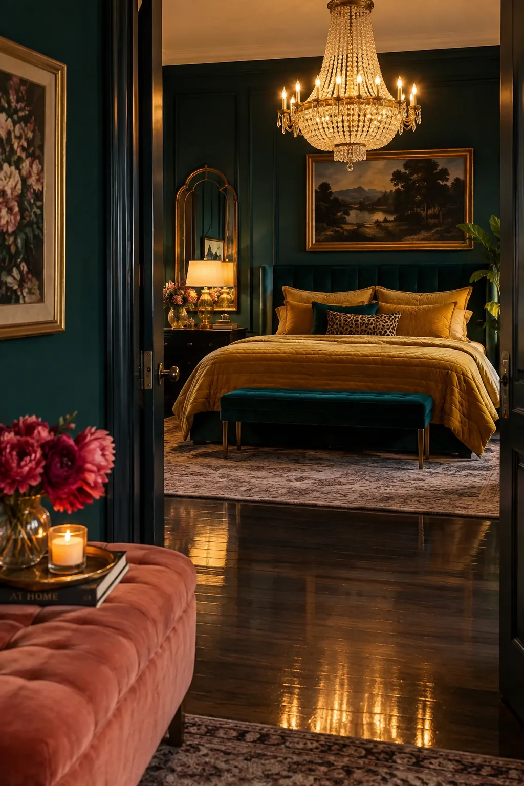 A large brass and glass chandelier hanging elegantly over the lower third of a bed