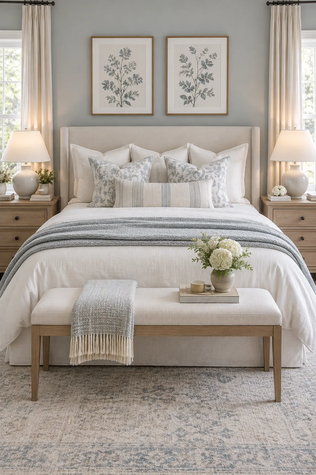 A perfectly symmetrical bedroom featuring matching nightstands and brass sconces on either side of the bed
