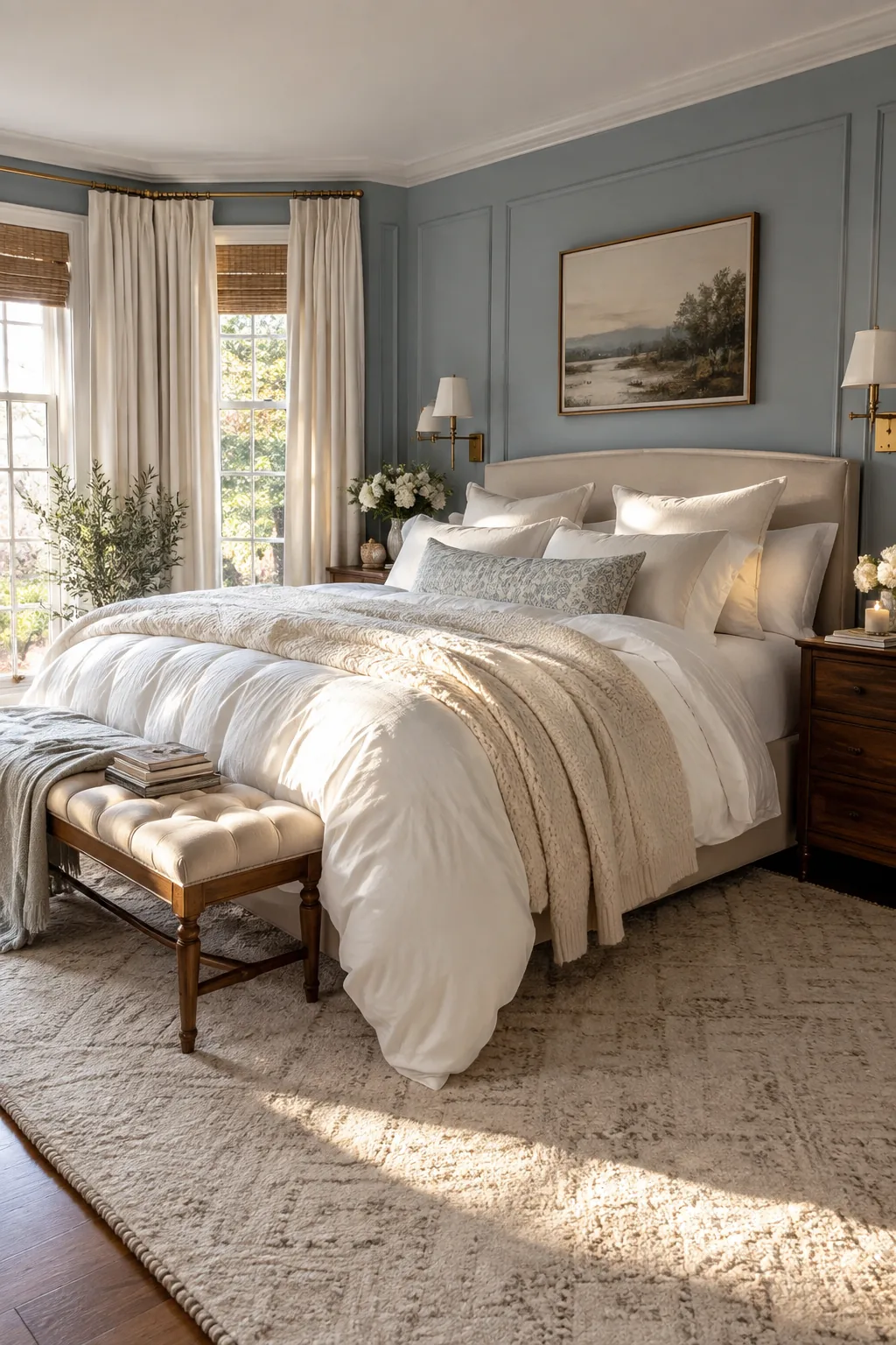 A thick, plush duvet folded halfway down a well-made bed