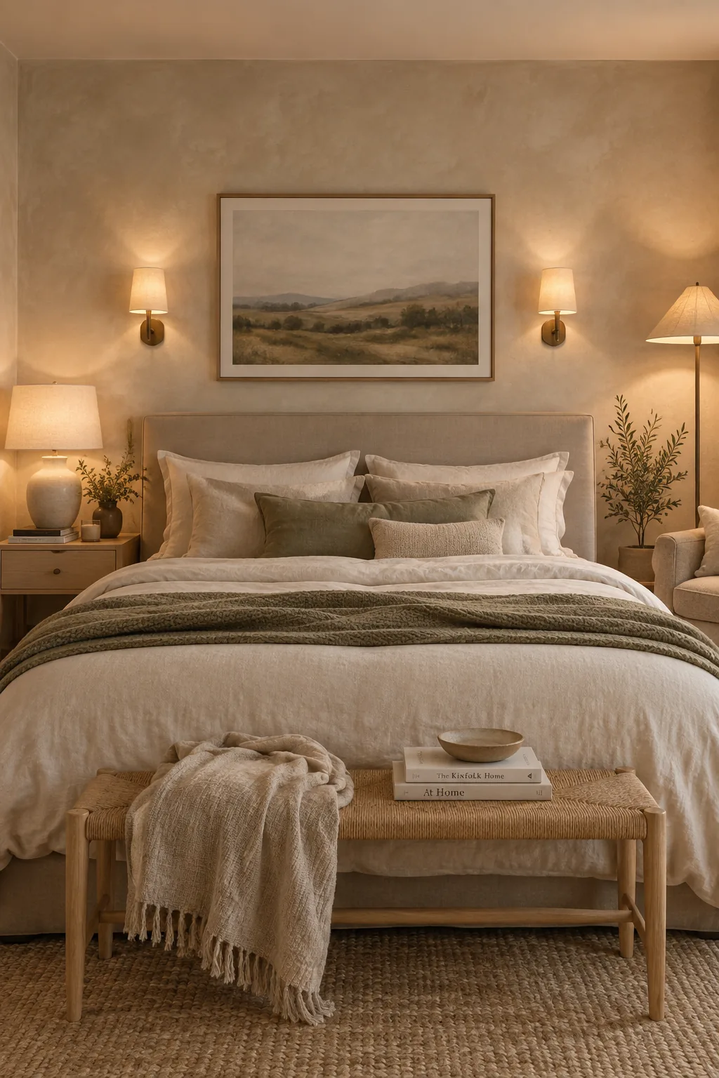 A bedroom glowing with layered lighting from a pendant, wall sconces, and a small dresser lamp