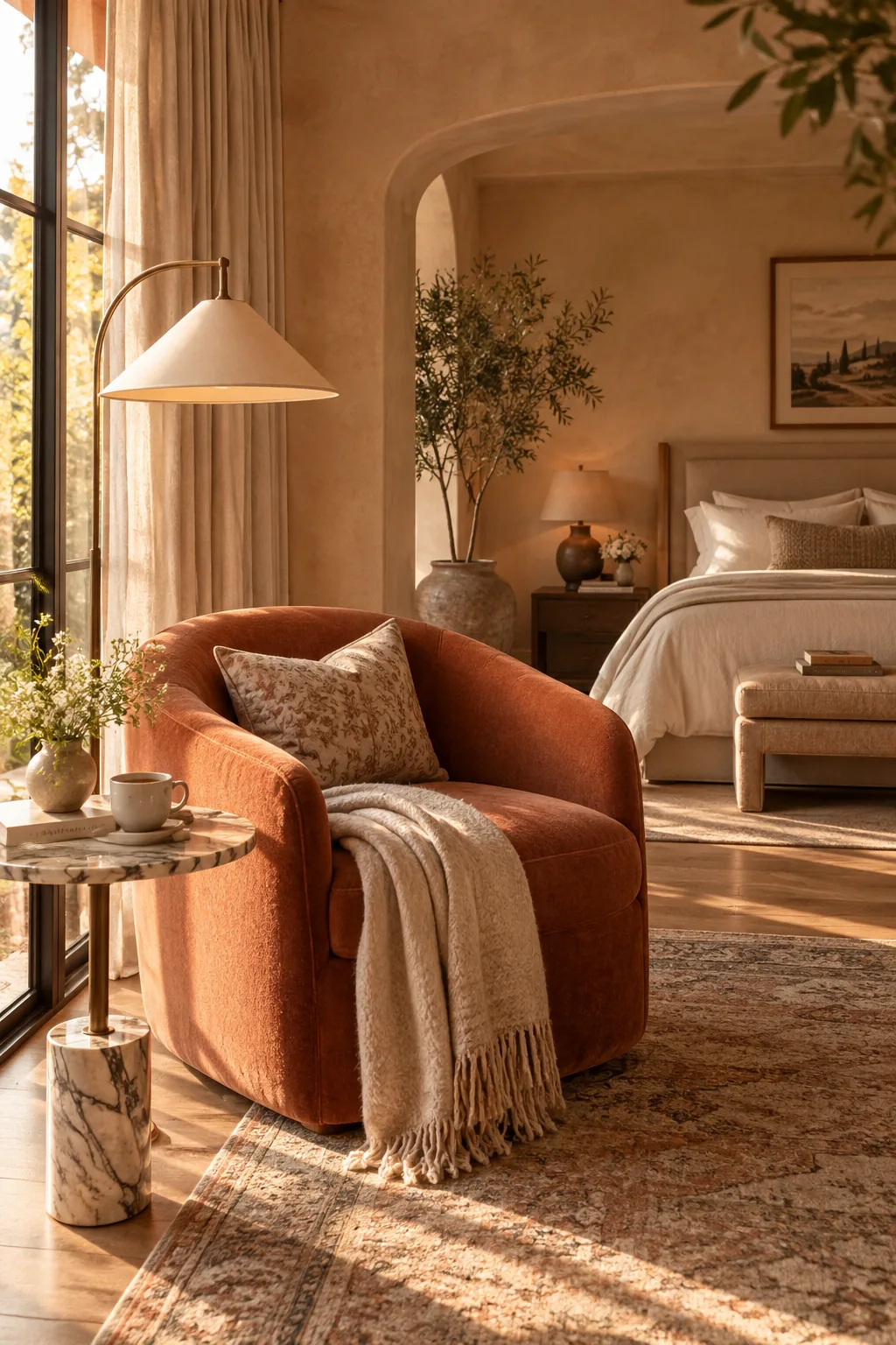 A cozy corner in a master bedroom with a curved velvet armchair and a small marble table