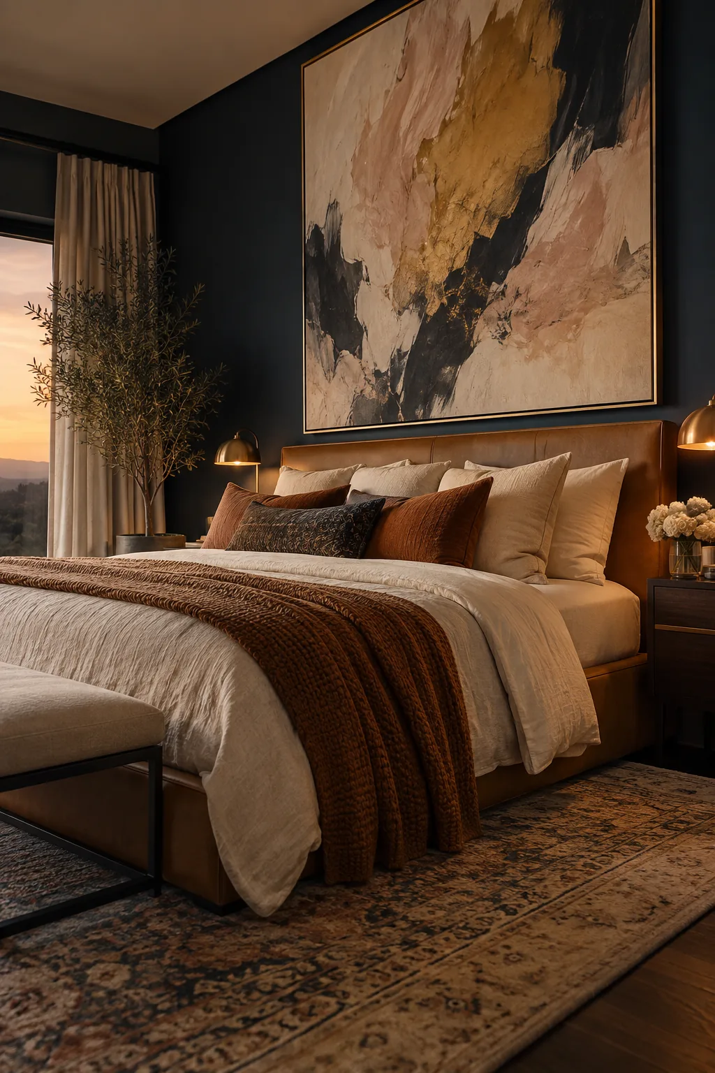 A large framed abstract painting hanging above a tufted headboard