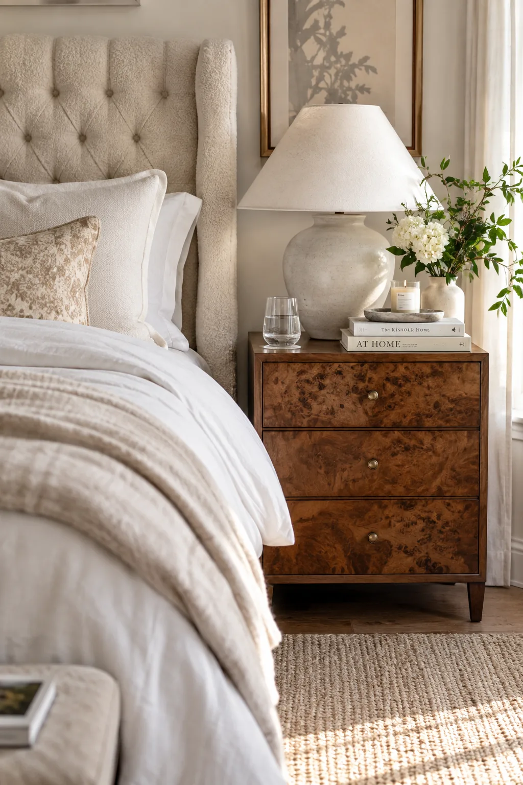 A curated bedroom featuring a fabric headboard paired with contrasting burl wood nightstands
